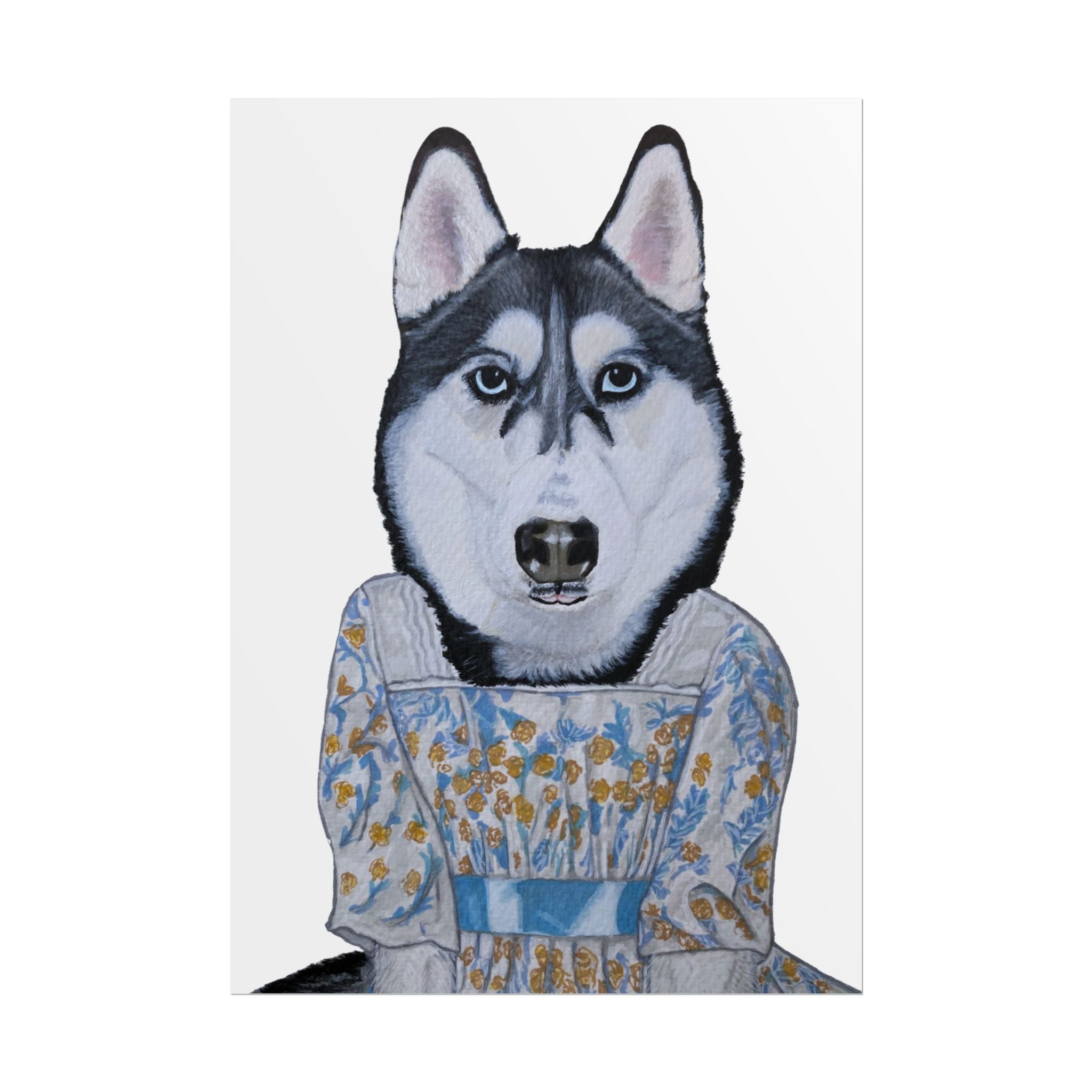 Funny Husky Wearing Jane Austen Style Regency Era-Inspired Dress Wall Poster - White Background