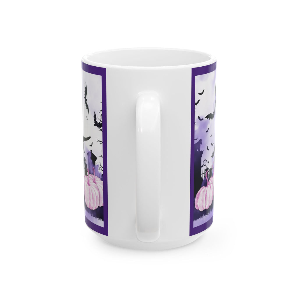 Cute and Spooky Cat Witch Halloween Ceramic Mug - Pink and Purple