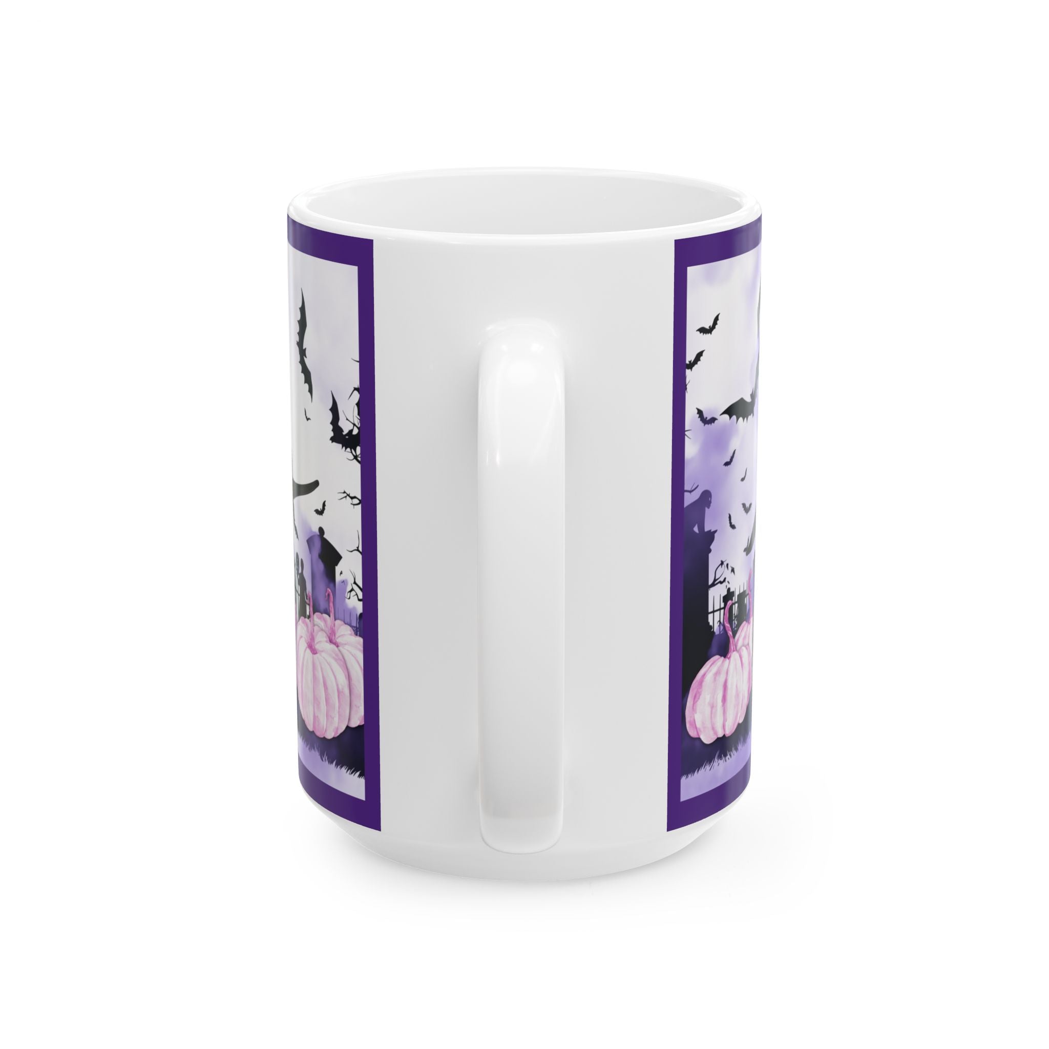 Cute and Spooky Cat Witch Halloween Ceramic Mug - Pink and Purple