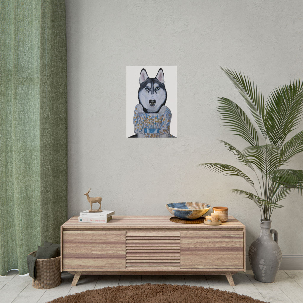Funny Husky Wearing Jane Austen Style Regency Era-Inspired Dress Wall Poster - White Background