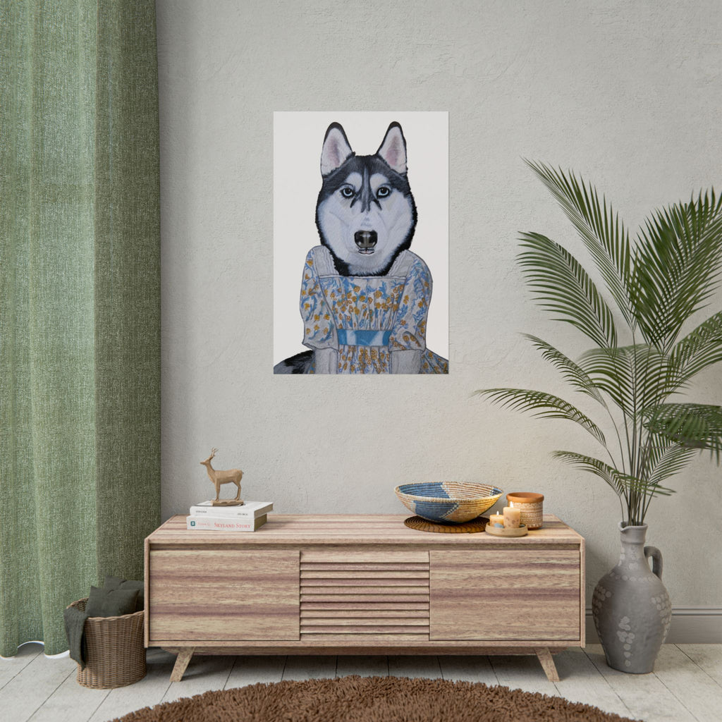 Funny Husky Wearing Jane Austen Style Regency Era-Inspired Dress Wall Poster - White Background