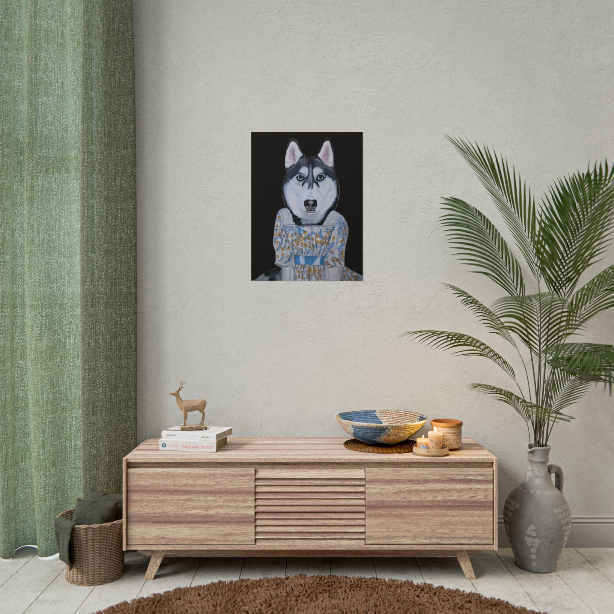 Funny Husky Wearing Jane Austen Style Regency Era-Inspired Dress Wall Poster - Black Background