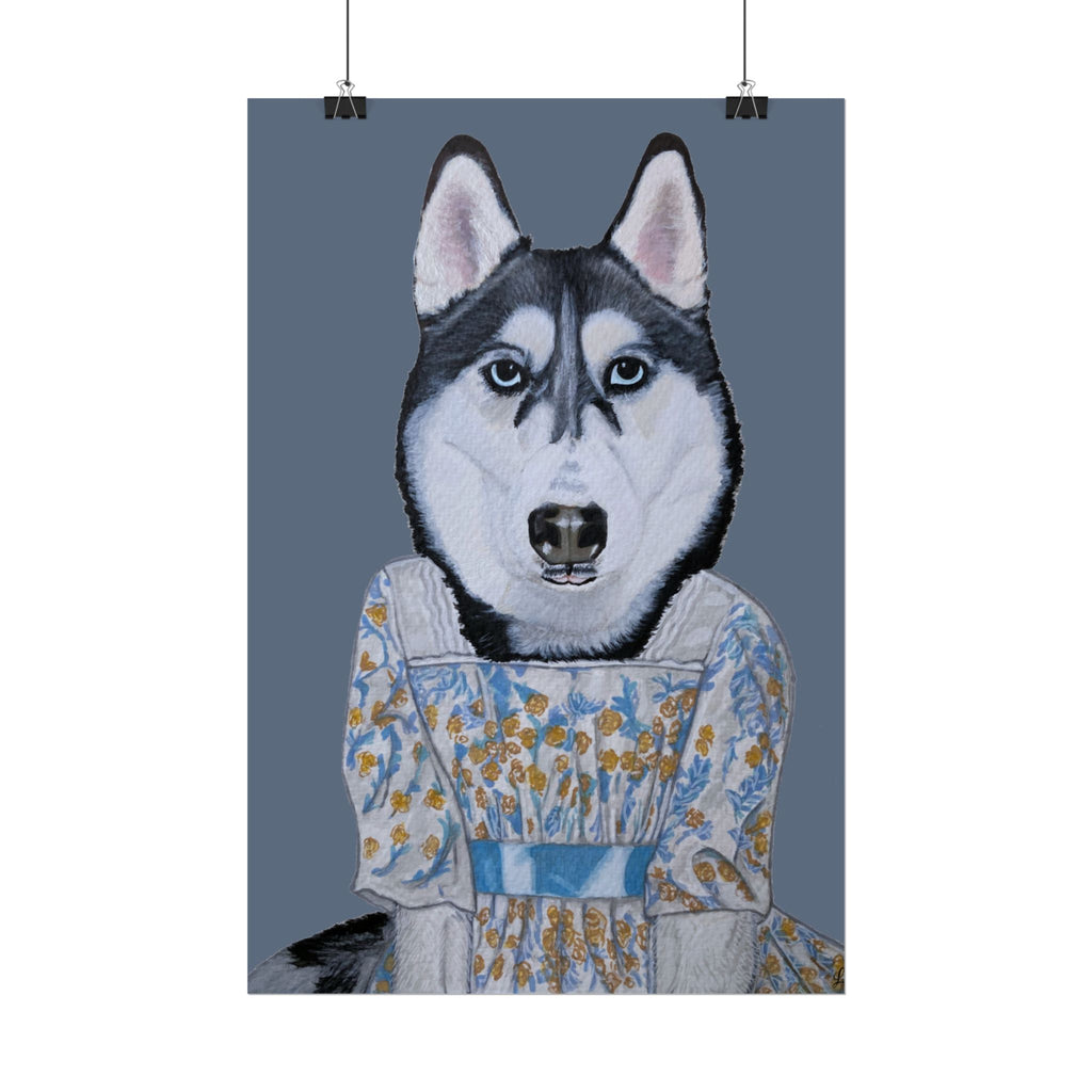 Funny Husky Wearing Jane Austen Style Regency Era-Inspired Dress Wall Poster - Dark Gray Background