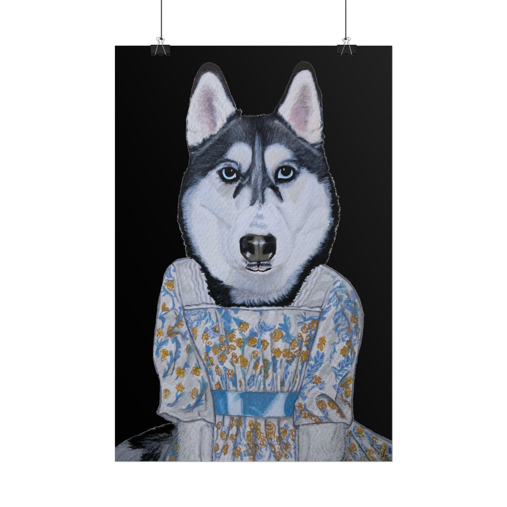 Funny Husky Wearing Jane Austen Style Regency Era-Inspired Dress Wall Poster - Black Background