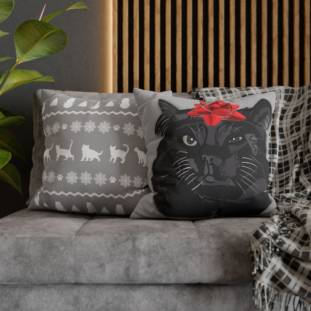 Black Cat with Red Bow Pillowcase - Gray Background | Spun Polyester Square Pillowcase