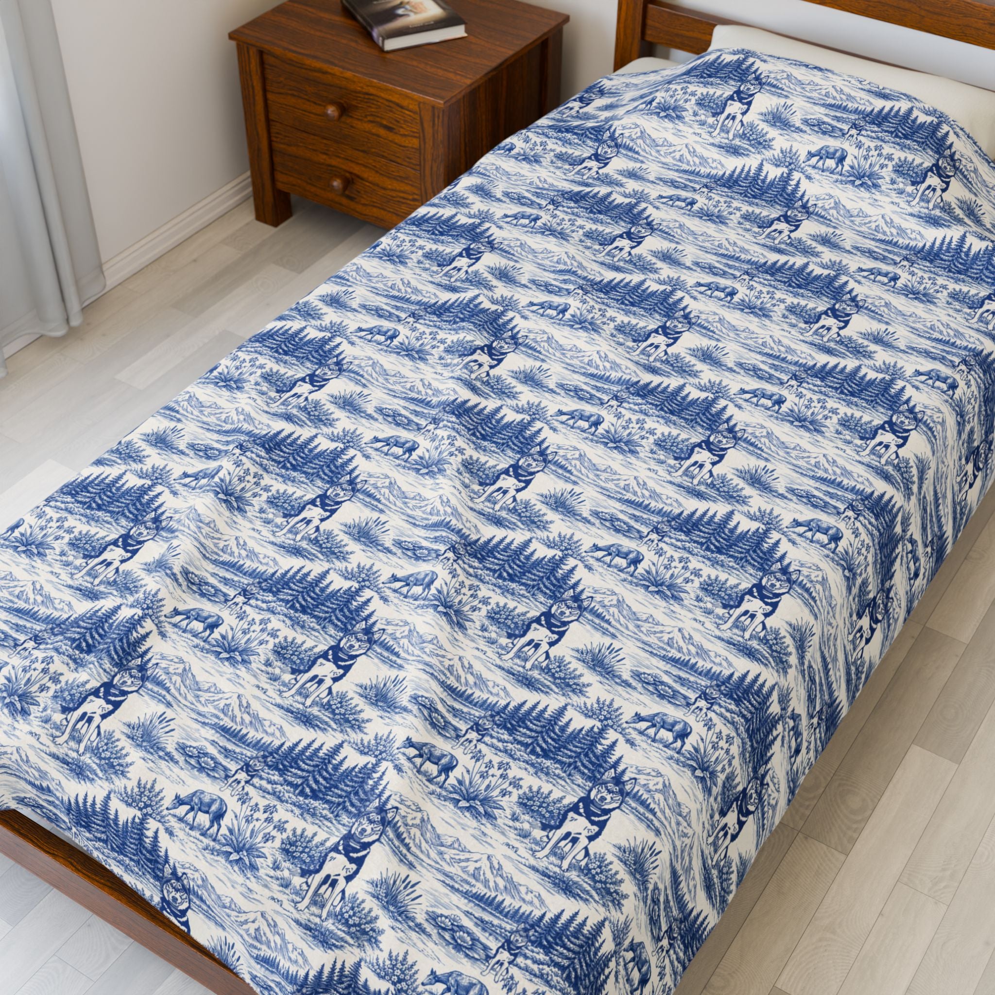 Husky Toile Wilderness Landscape Blanket | Blue Scenic Velveteen Plush Blanket