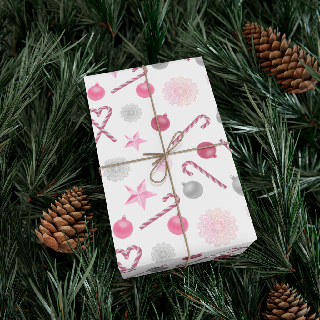 Shimmery White and Pink Christmas Wrapping Paper in Satin or Matte