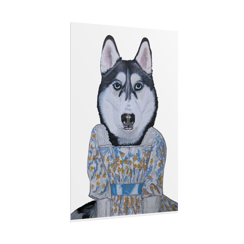 Funny Husky Wearing Jane Austen Style Regency Era-Inspired Dress Wall Poster - White Background