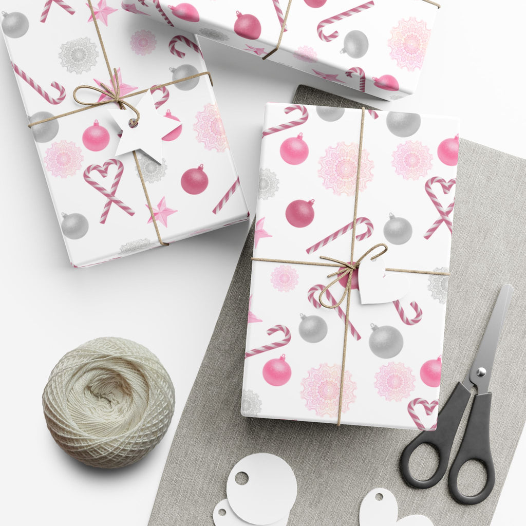 Shimmery White and Pink Christmas Wrapping Paper in Satin or Matte
