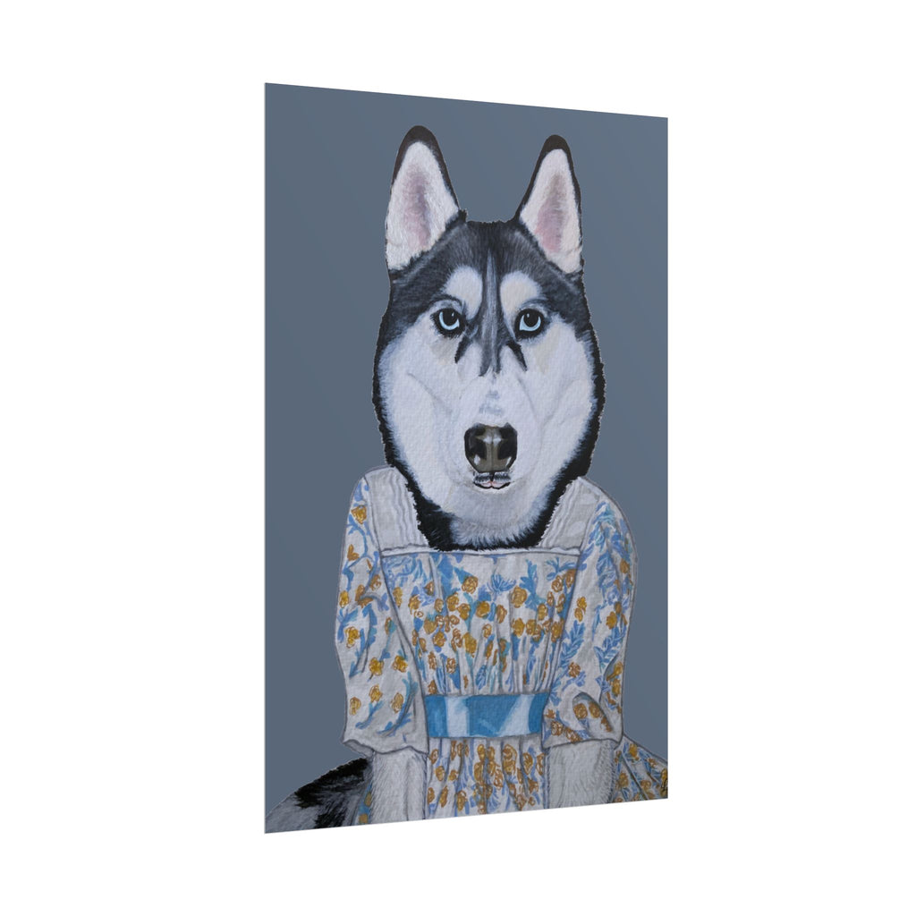 Funny Husky Wearing Jane Austen Style Regency Era-Inspired Dress Wall Poster - Dark Gray Background