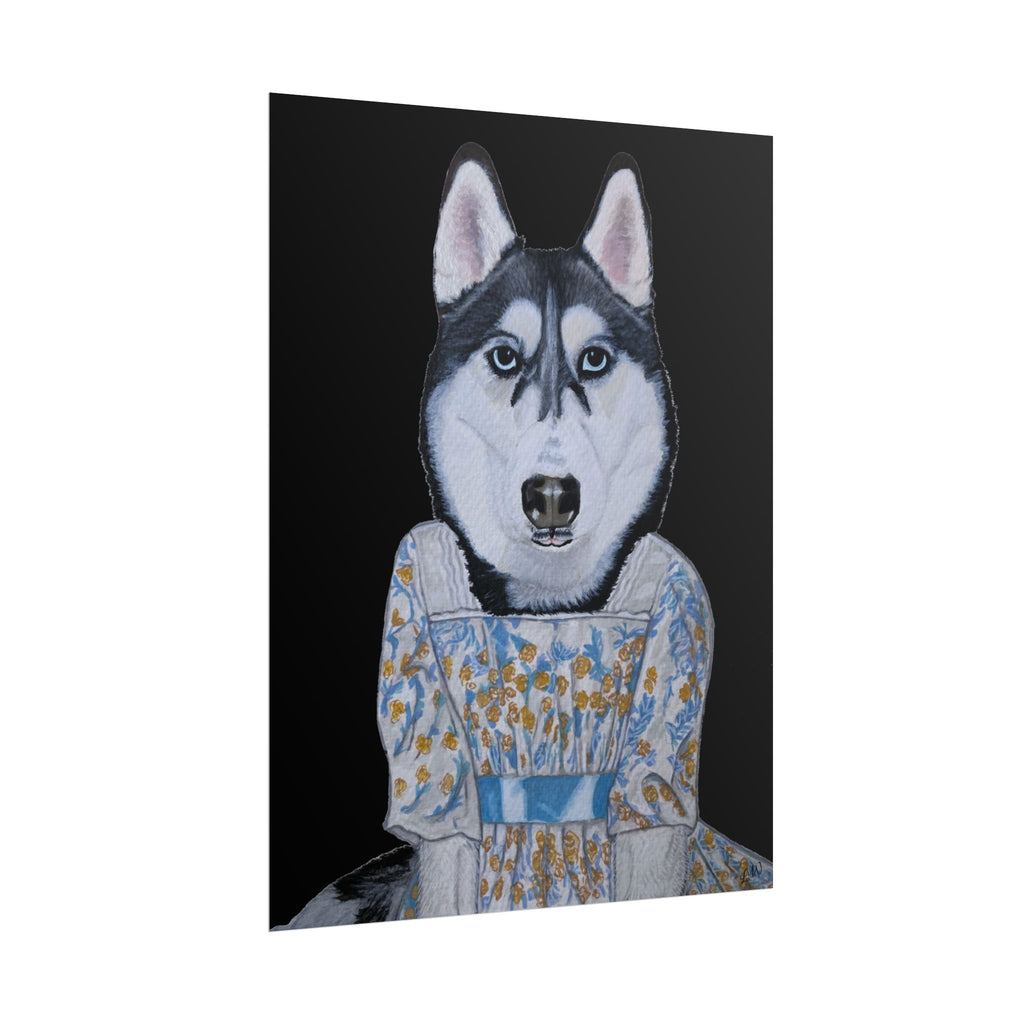 Funny Husky Wearing Jane Austen Style Regency Era-Inspired Dress Wall Poster - Black Background