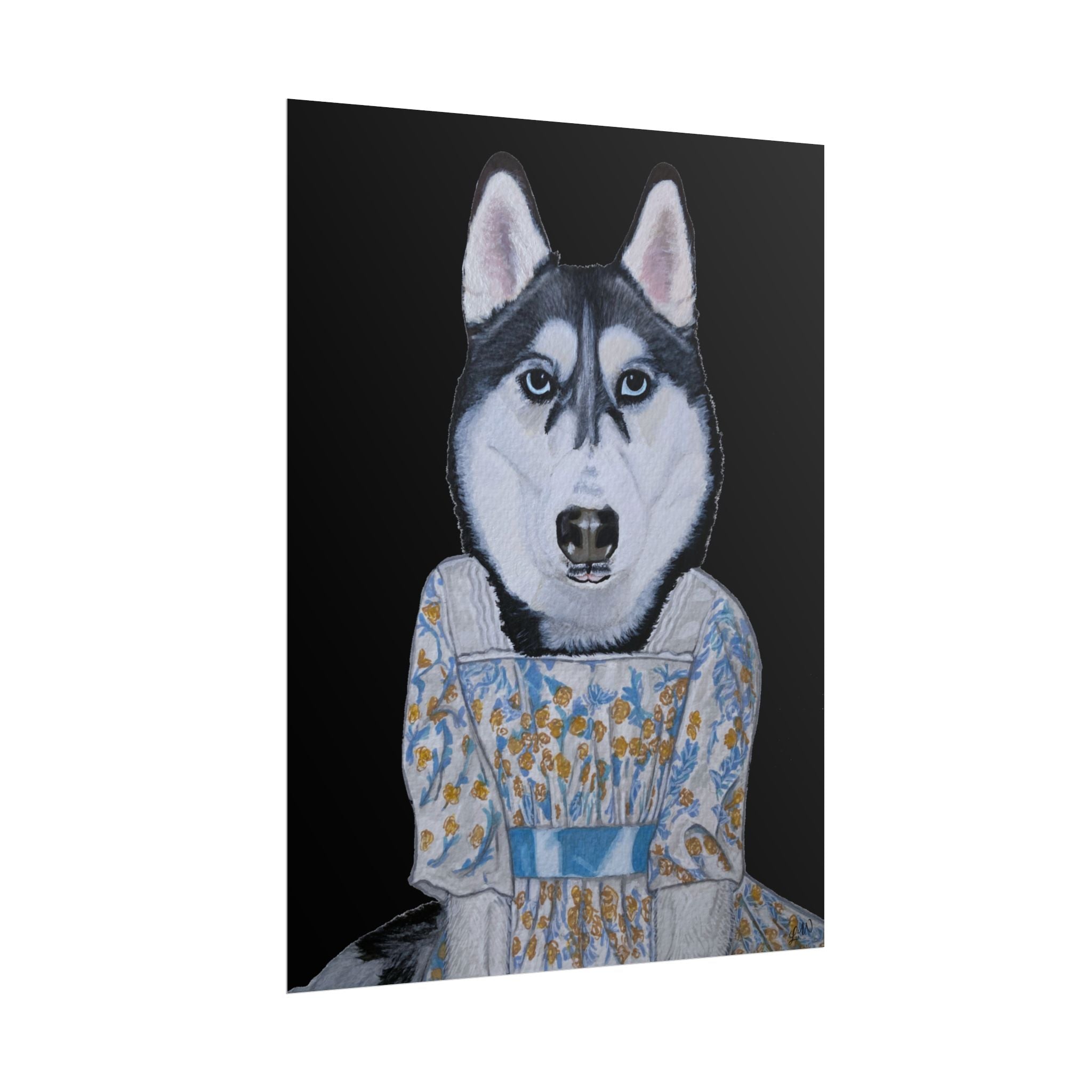 Funny Husky Wearing Jane Austen Style Regency Era-Inspired Dress Wall Poster - Black Background