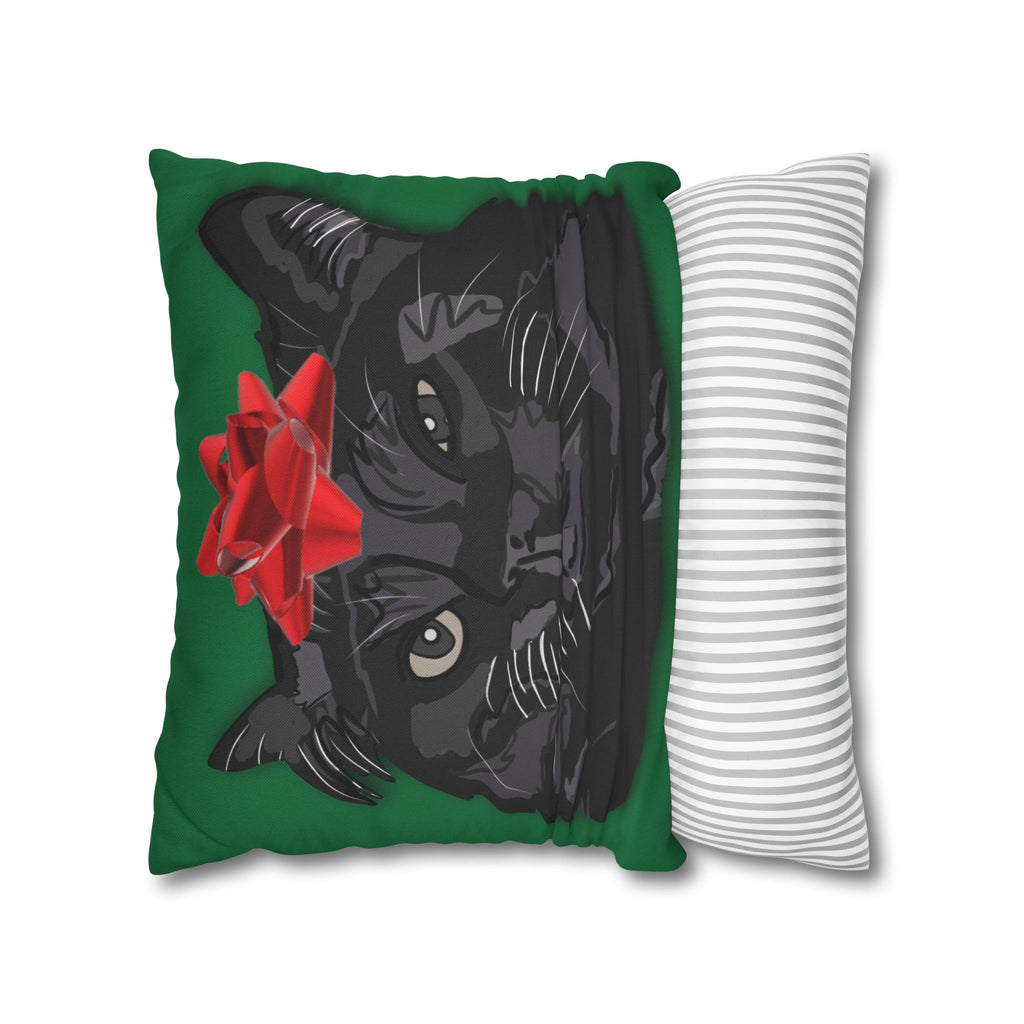 Black Cat with Red Bow Pillowcase - Green Background | Spun Polyester Square Pillowcase
