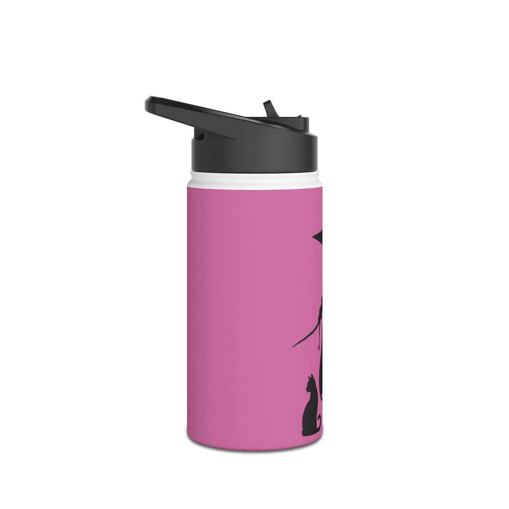 Elegant Witch and Black Cat Stainless Steel Water Bottle - Personalized Pink Travel Mug with Black Silhouettes