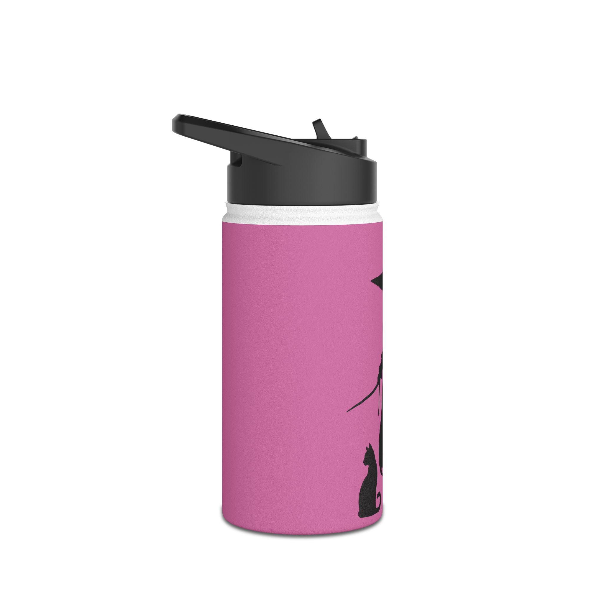 Elegant Witch and Black Cat Stainless Steel Water Bottle - Personalized Pink Travel Mug with Black Silhouettes