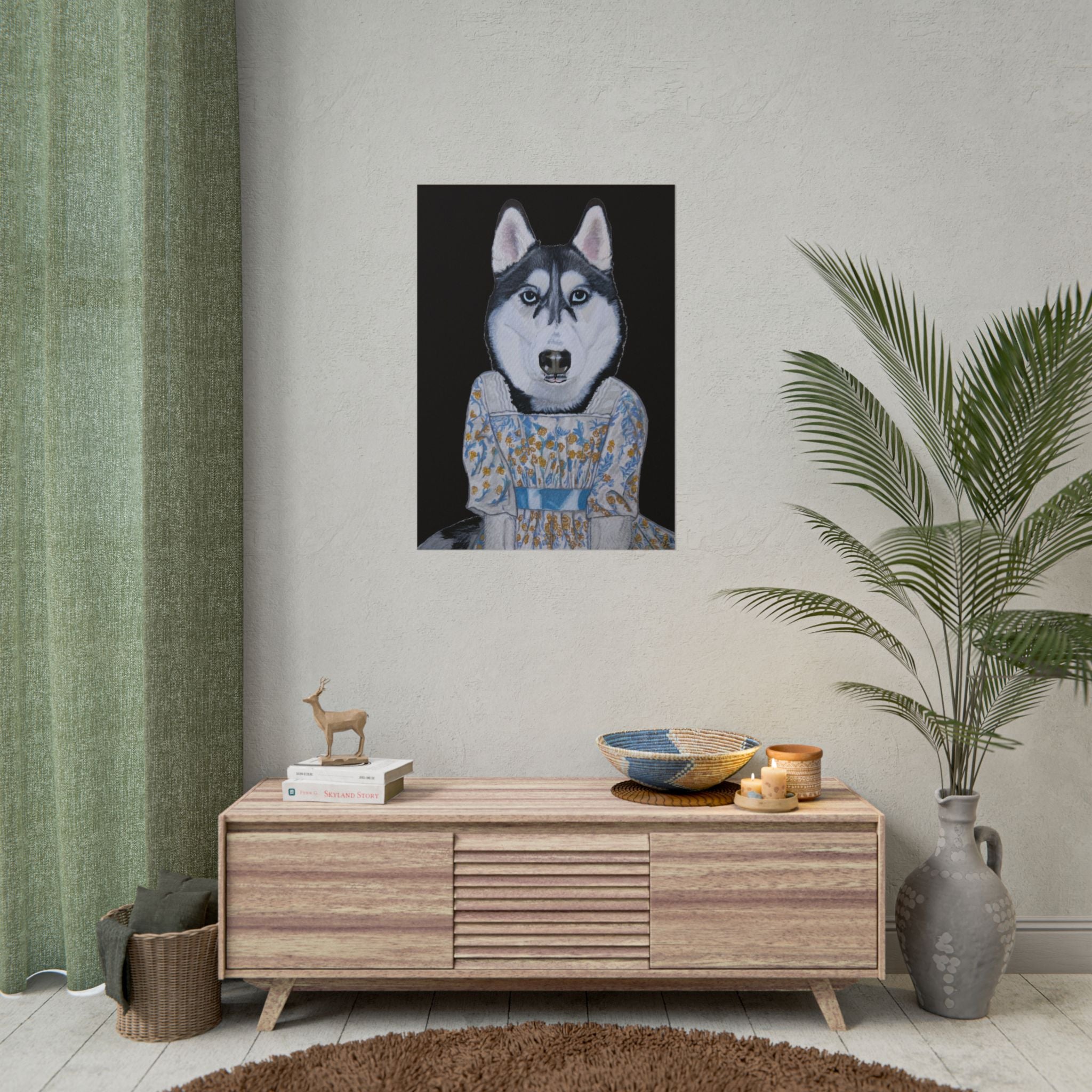 Funny Husky Wearing Jane Austen Style Regency Era-Inspired Dress Wall Poster - Black Background