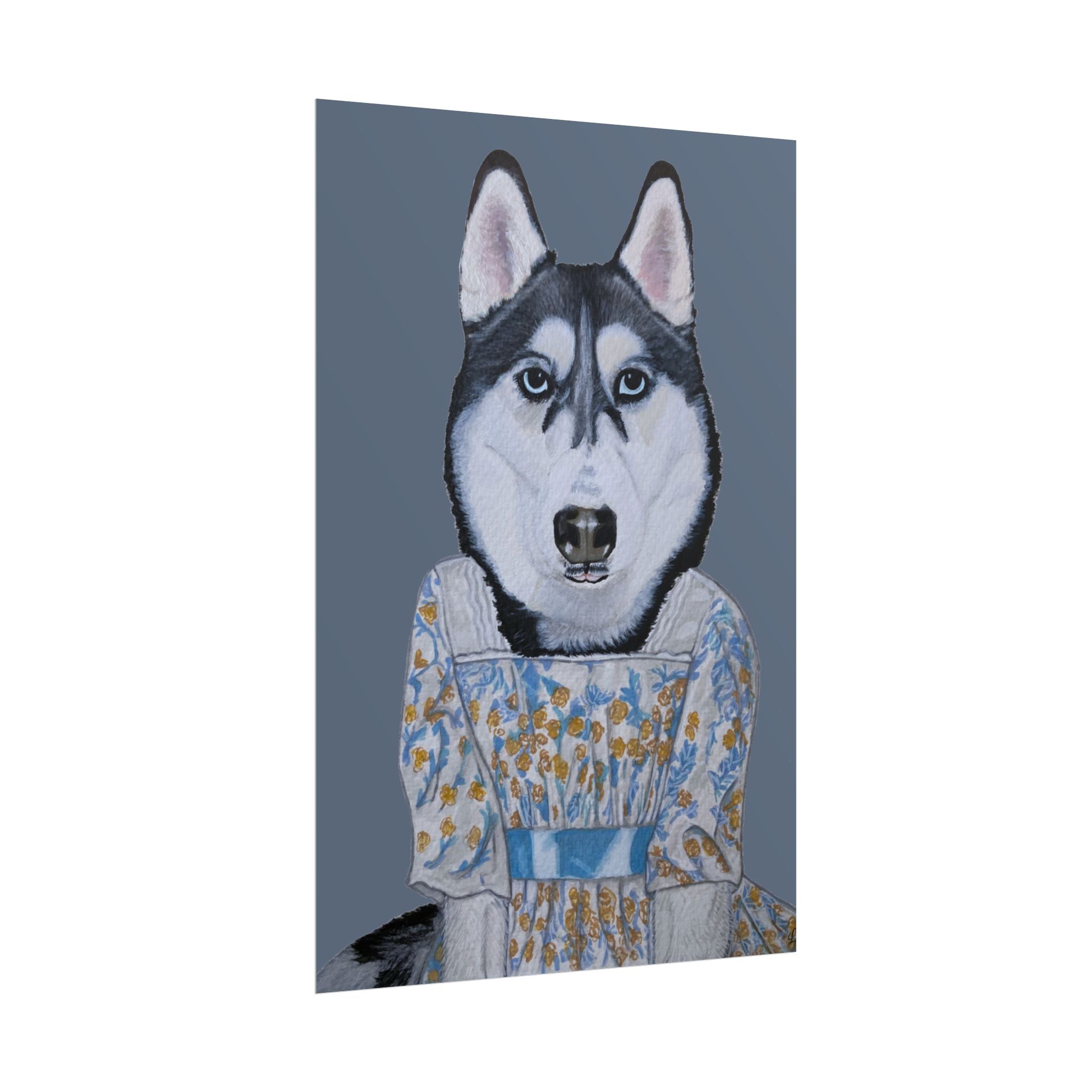 Funny Husky Wearing Jane Austen Style Regency Era-Inspired Dress Wall Poster - Dark Gray Background