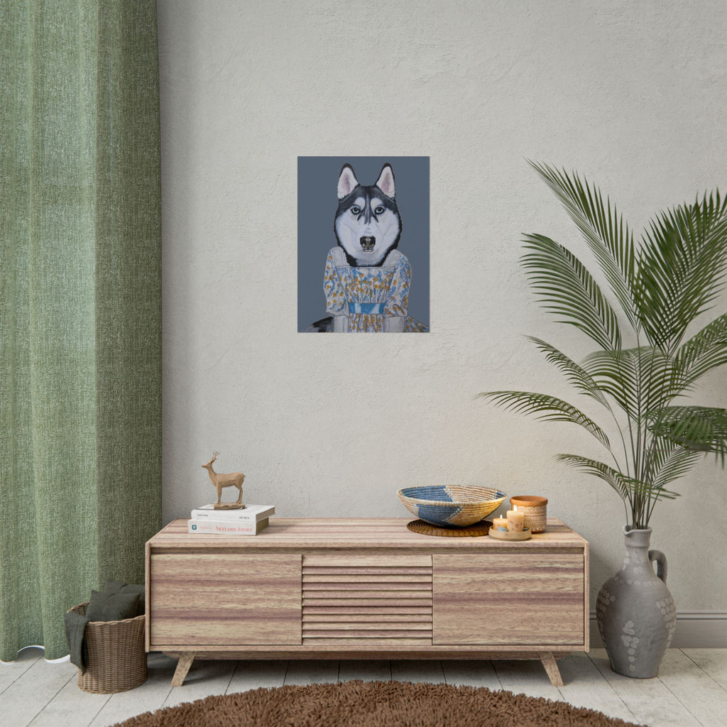 Funny Husky Wearing Jane Austen Style Regency Era-Inspired Dress Wall Poster - Dark Gray Background