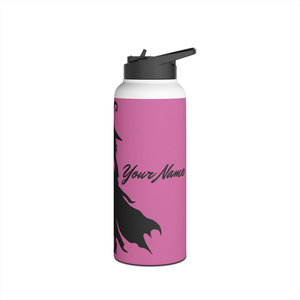 Elegant Witch and Black Cat Stainless Steel Water Bottle - Personalized Pink Travel Mug with Black Silhouettes