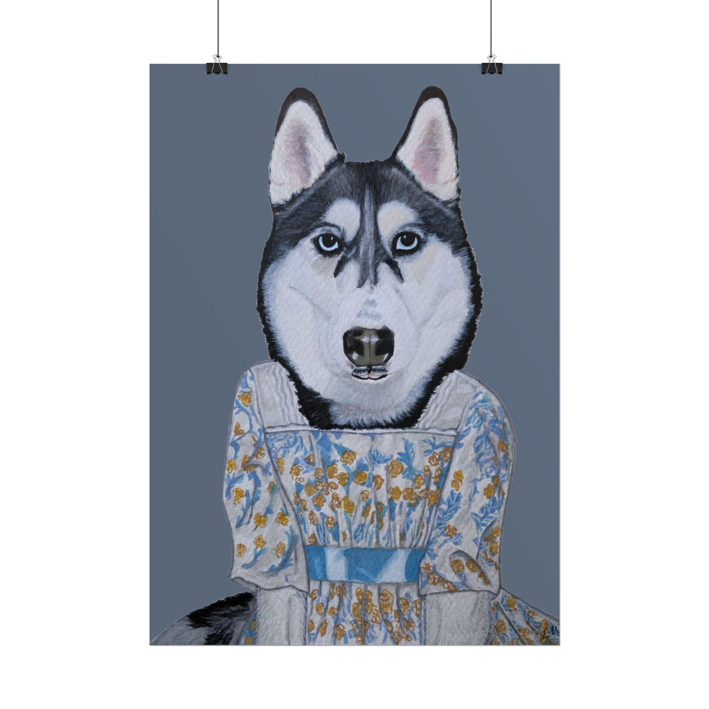 Funny Husky Wearing Jane Austen Style Regency Era-Inspired Dress Wall Poster - Dark Gray Background