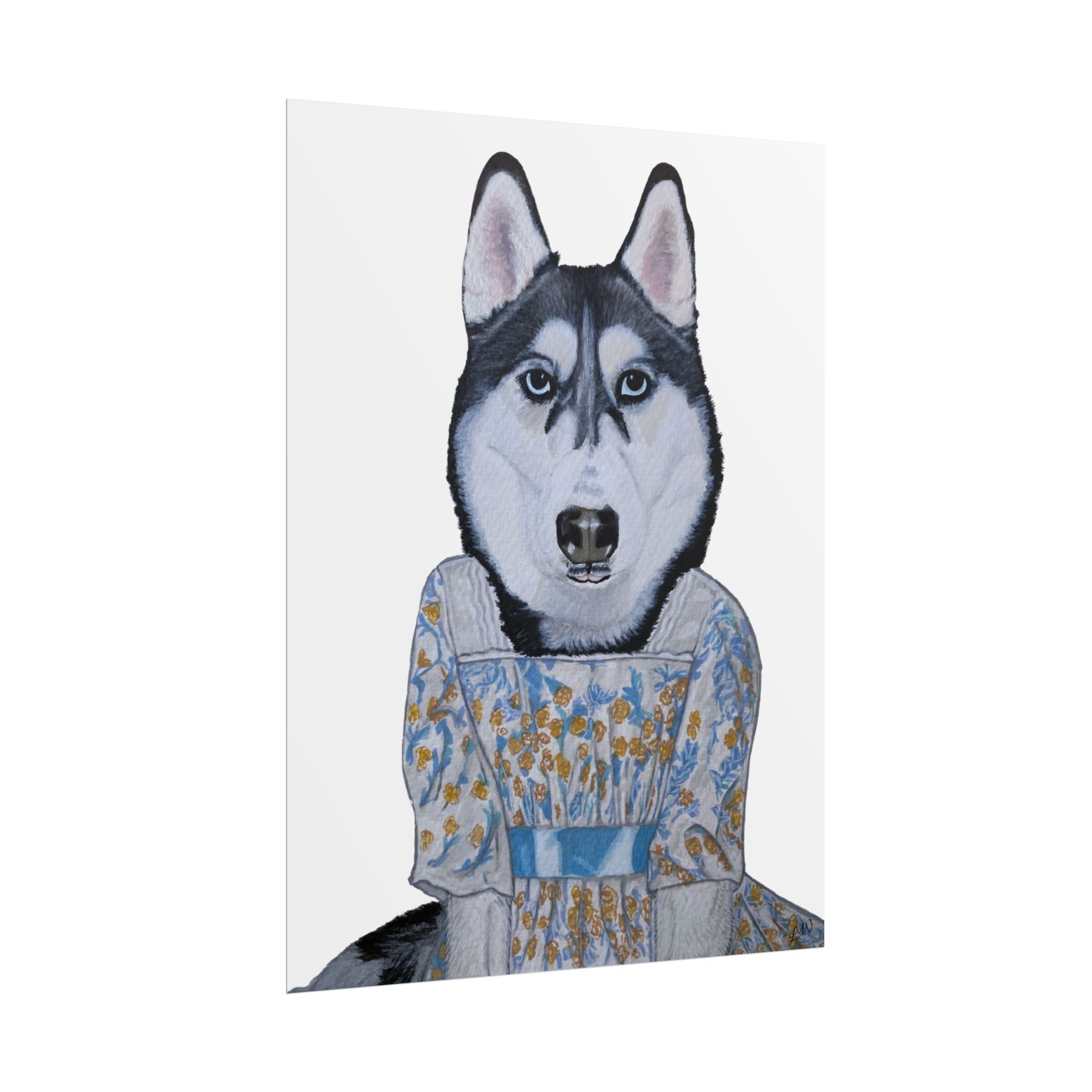 Funny Husky Wearing Jane Austen Style Regency Era-Inspired Dress Wall Poster - White Background
