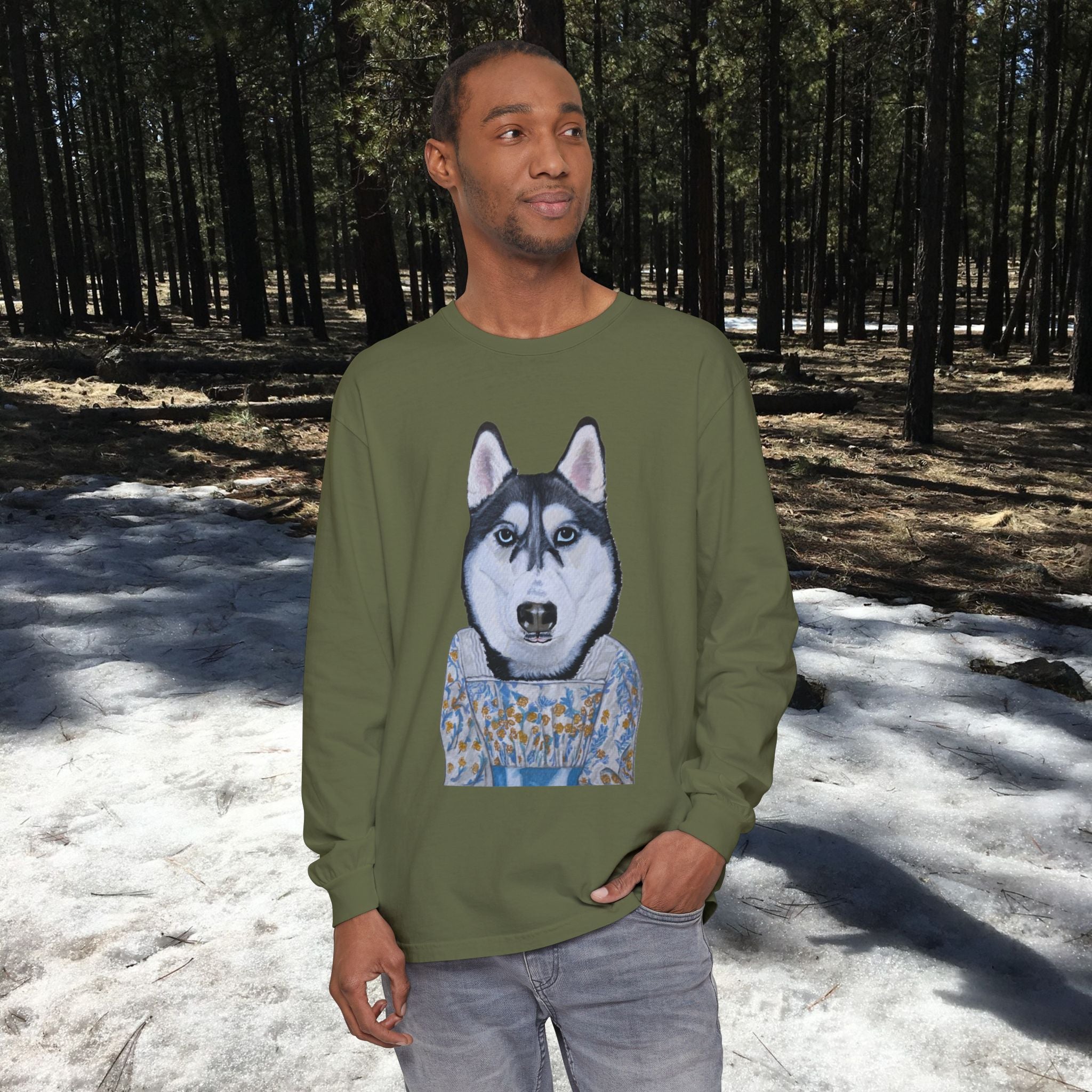 Husky Wearing Jane Austen Style Dress Long Sleeve T-Shirt, Animal Lover Gift, Dog-Themed Apparel, Casual Wear, Winter Fashion