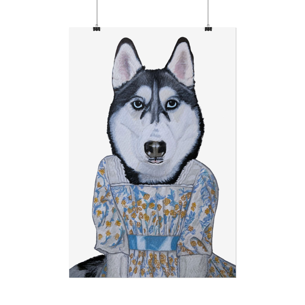 Funny Husky Wearing Jane Austen Style Regency Era-Inspired Dress Wall Poster - White Background