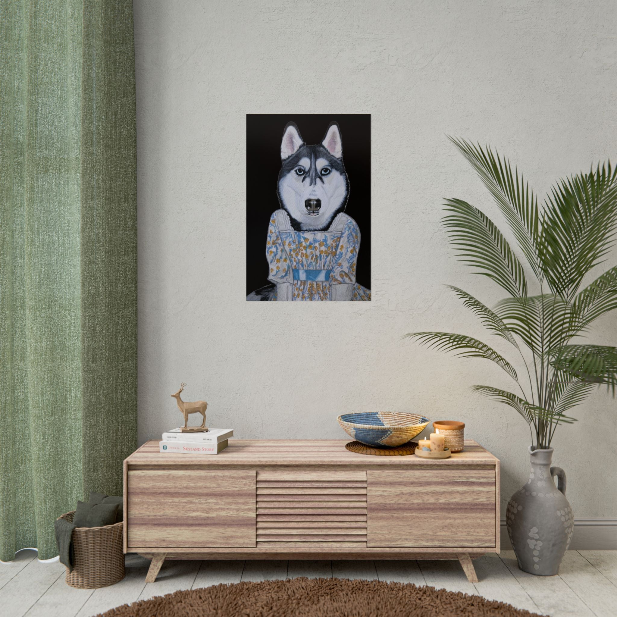 Funny Husky Wearing Jane Austen Style Regency Era-Inspired Dress Wall Poster - Black Background