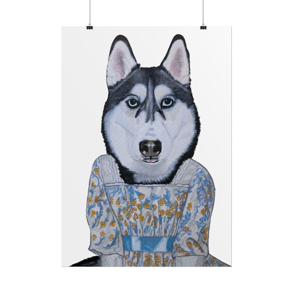 Funny Husky Wearing Jane Austen Style Regency Era-Inspired Dress Wall Poster - White Background