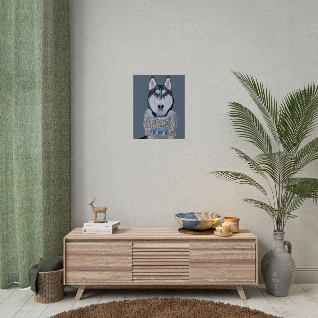 Funny Husky Wearing Jane Austen Style Regency Era-Inspired Dress Wall Poster - Dark Gray Background