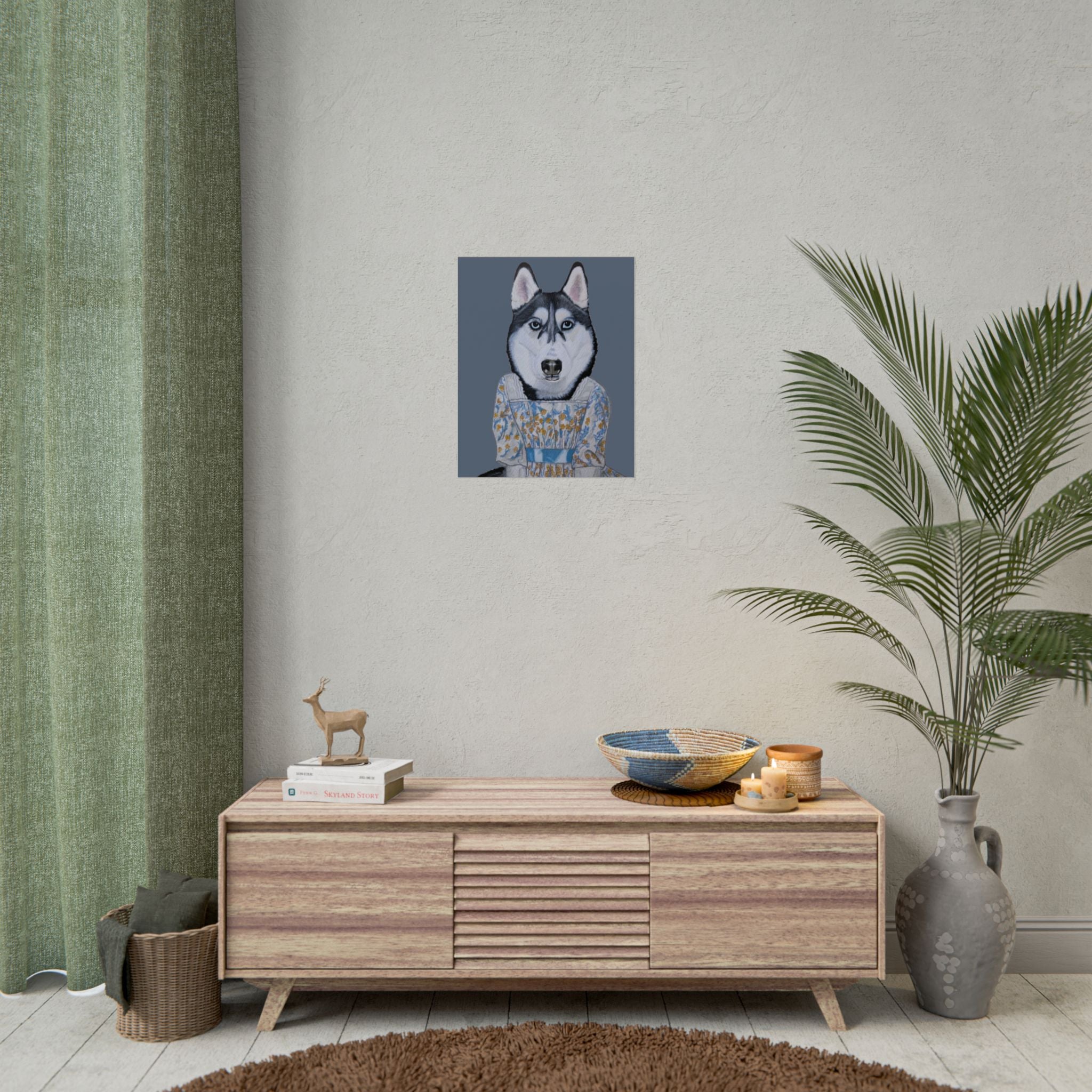 Funny Husky Wearing Jane Austen Style Regency Era-Inspired Dress Wall Poster - Dark Gray Background