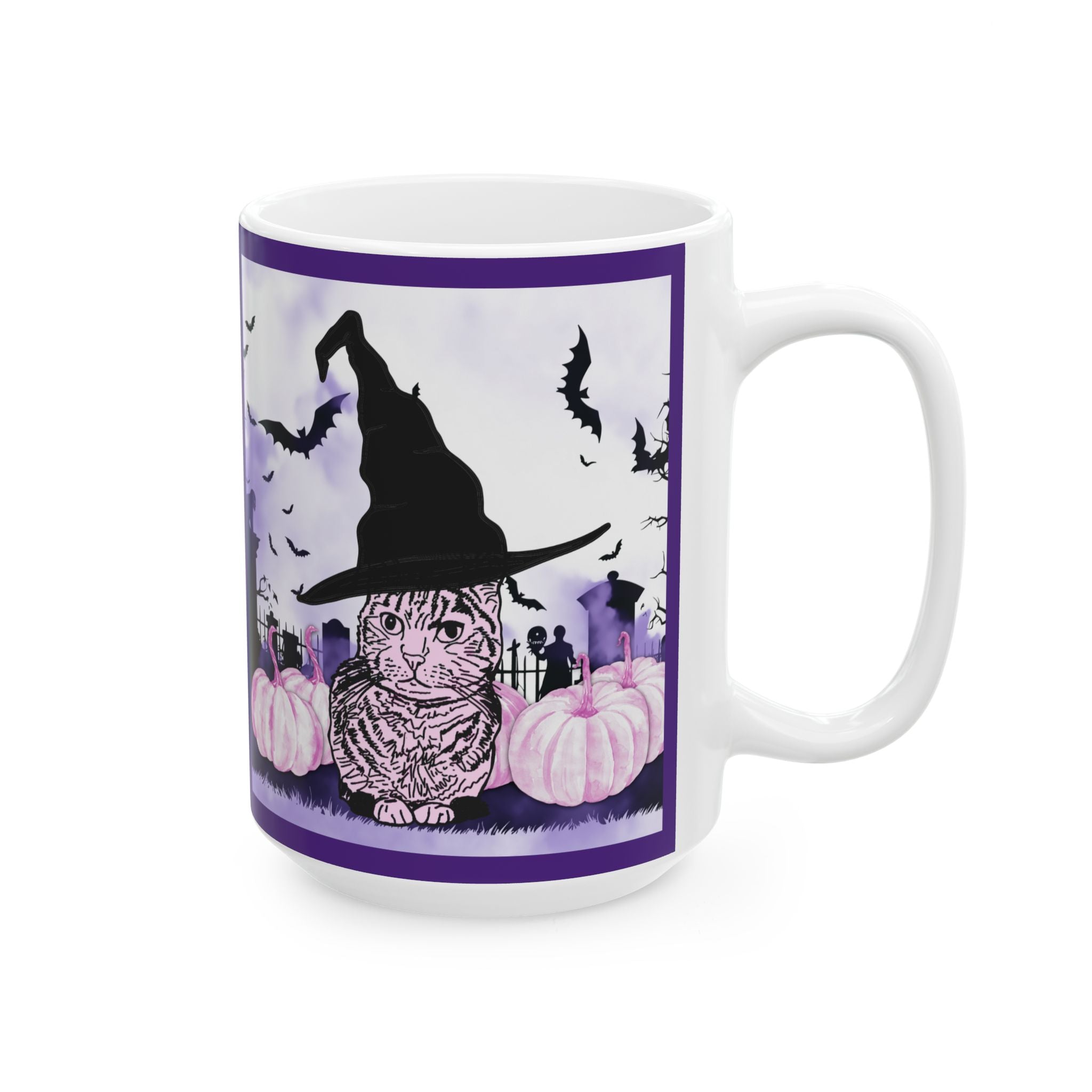 Cute and Spooky Cat Witch Halloween Ceramic Mug - Pink and Purple