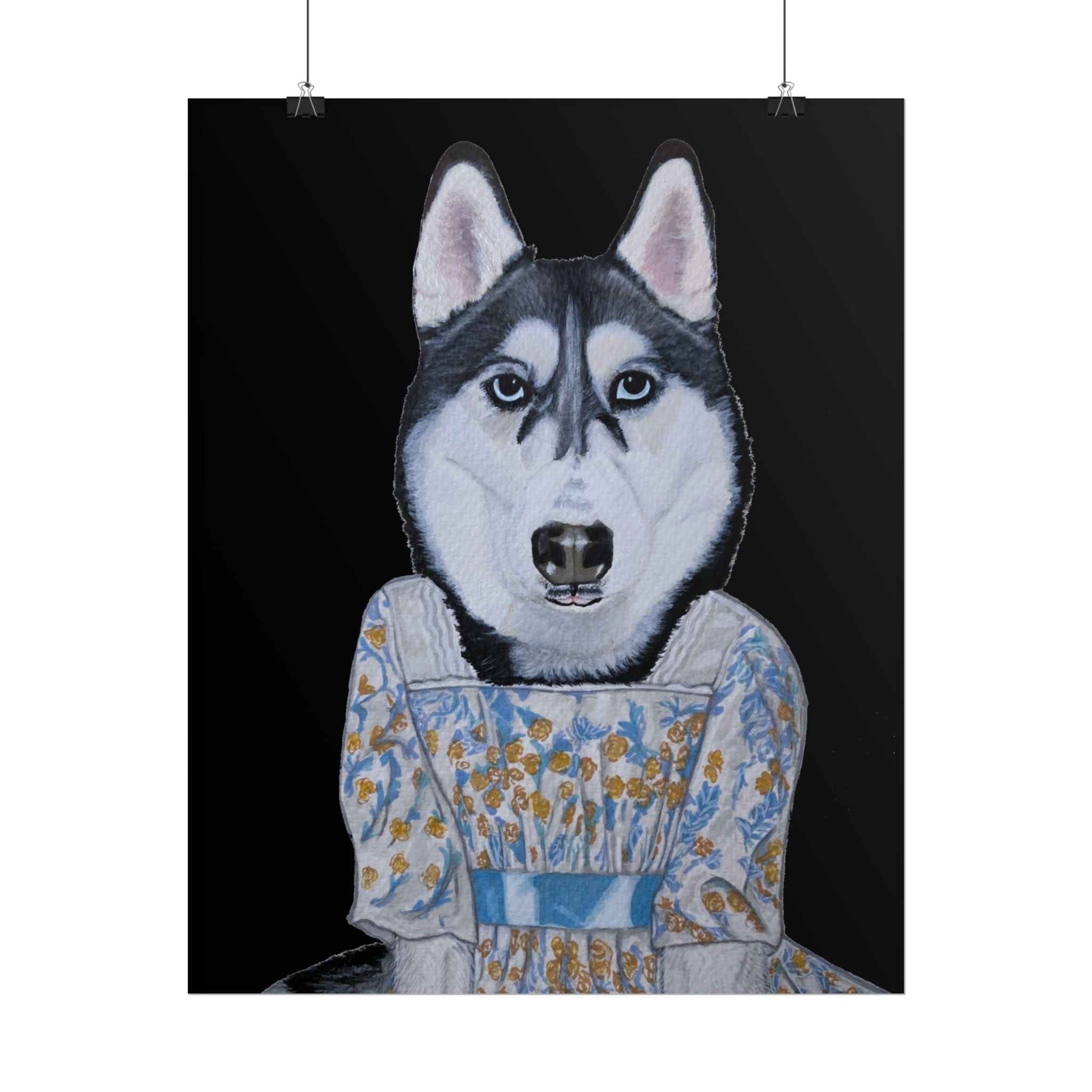 Funny Husky Wearing Jane Austen Style Regency Era-Inspired Dress Wall Poster - Black Background