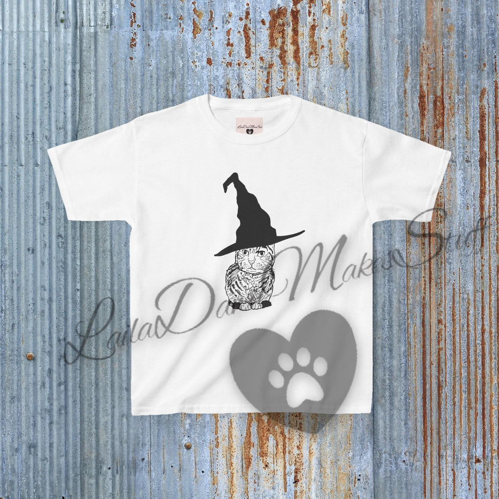 Cat Wearing a Witch or Wizard Hat Halloween Kids Tee