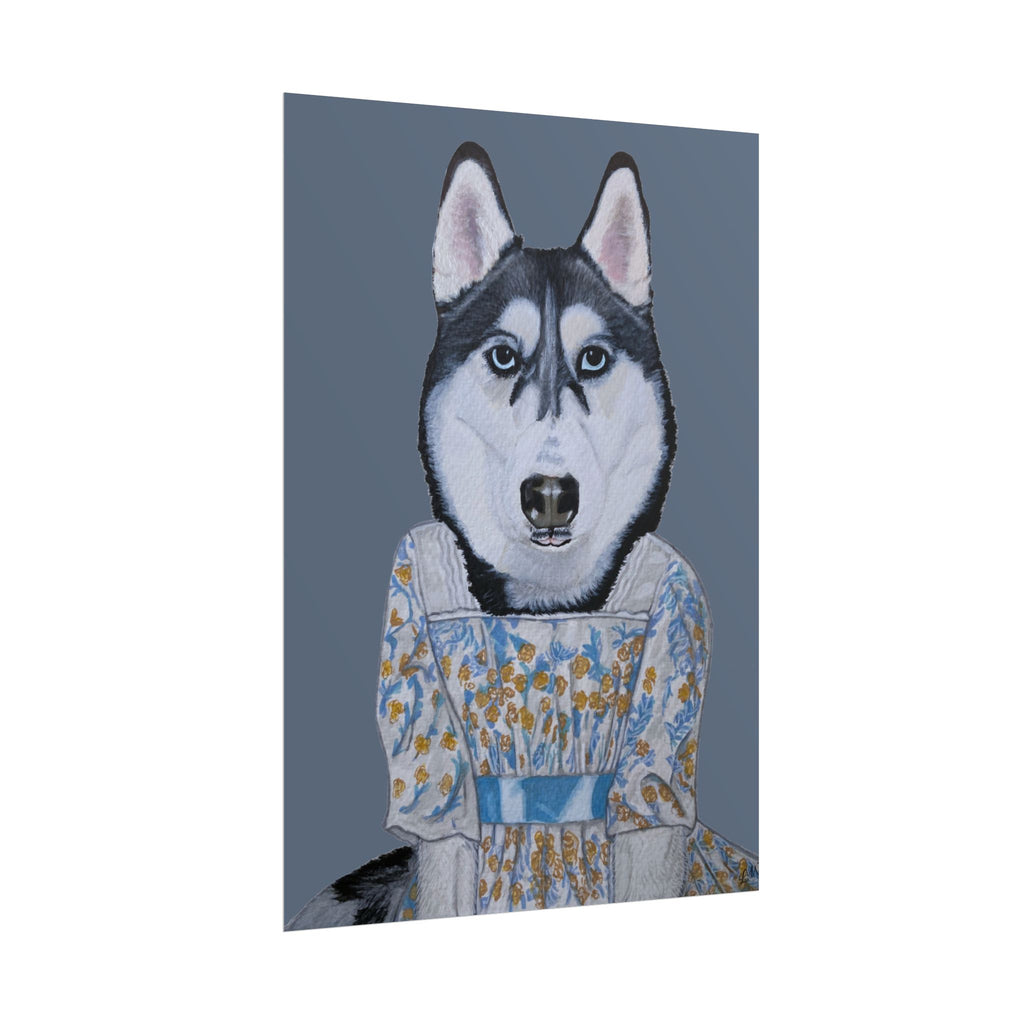 Funny Husky Wearing Jane Austen Style Regency Era-Inspired Dress Wall Poster - Dark Gray Background