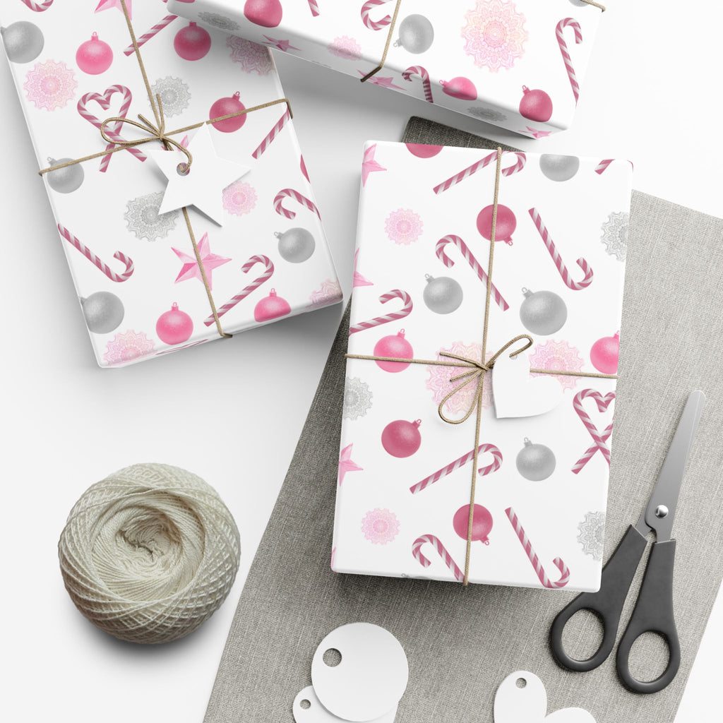 Shimmery White and Pink Christmas Wrapping Paper in Satin or Matte