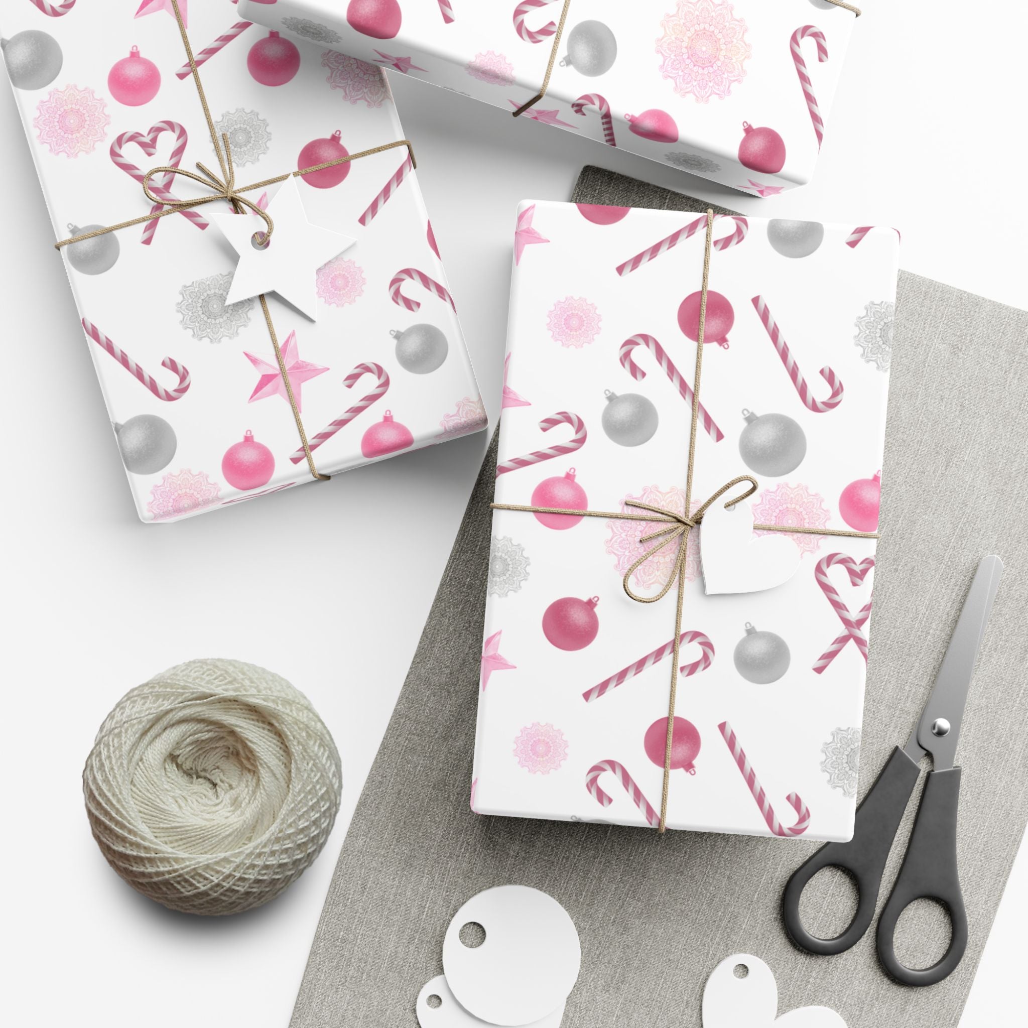 Shimmery White and Pink Christmas Wrapping Paper in Satin or Matte