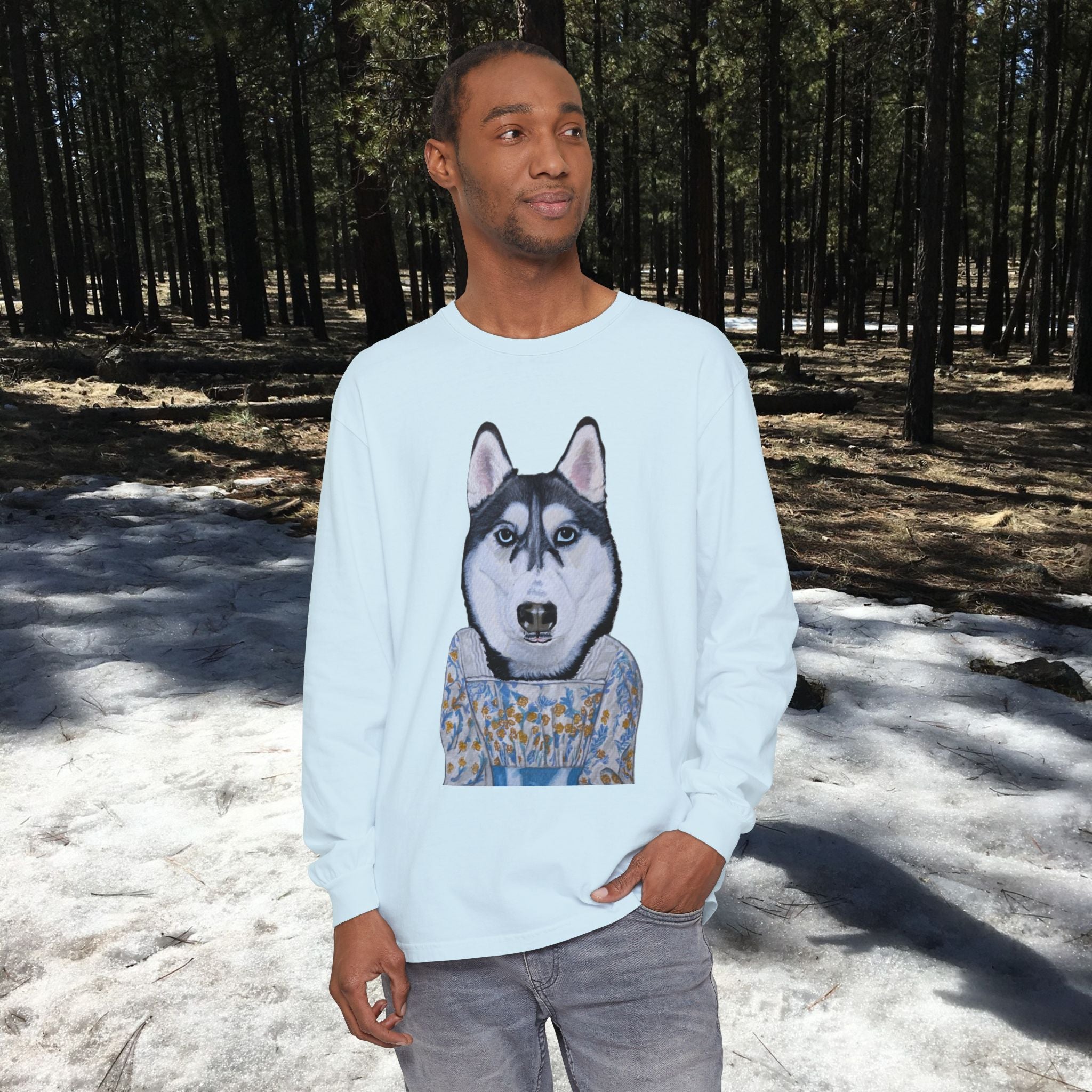 Husky Wearing Jane Austen Style Dress Long Sleeve T-Shirt, Animal Lover Gift, Dog-Themed Apparel, Casual Wear, Winter Fashion