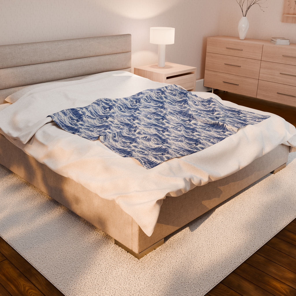 Husky Toile Wilderness Landscape Blanket | Blue Scenic Velveteen Plush Blanket
