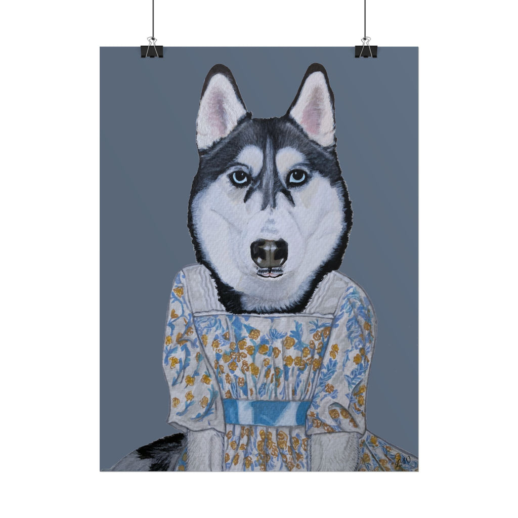Funny Husky Wearing Jane Austen Style Regency Era-Inspired Dress Wall Poster - Dark Gray Background