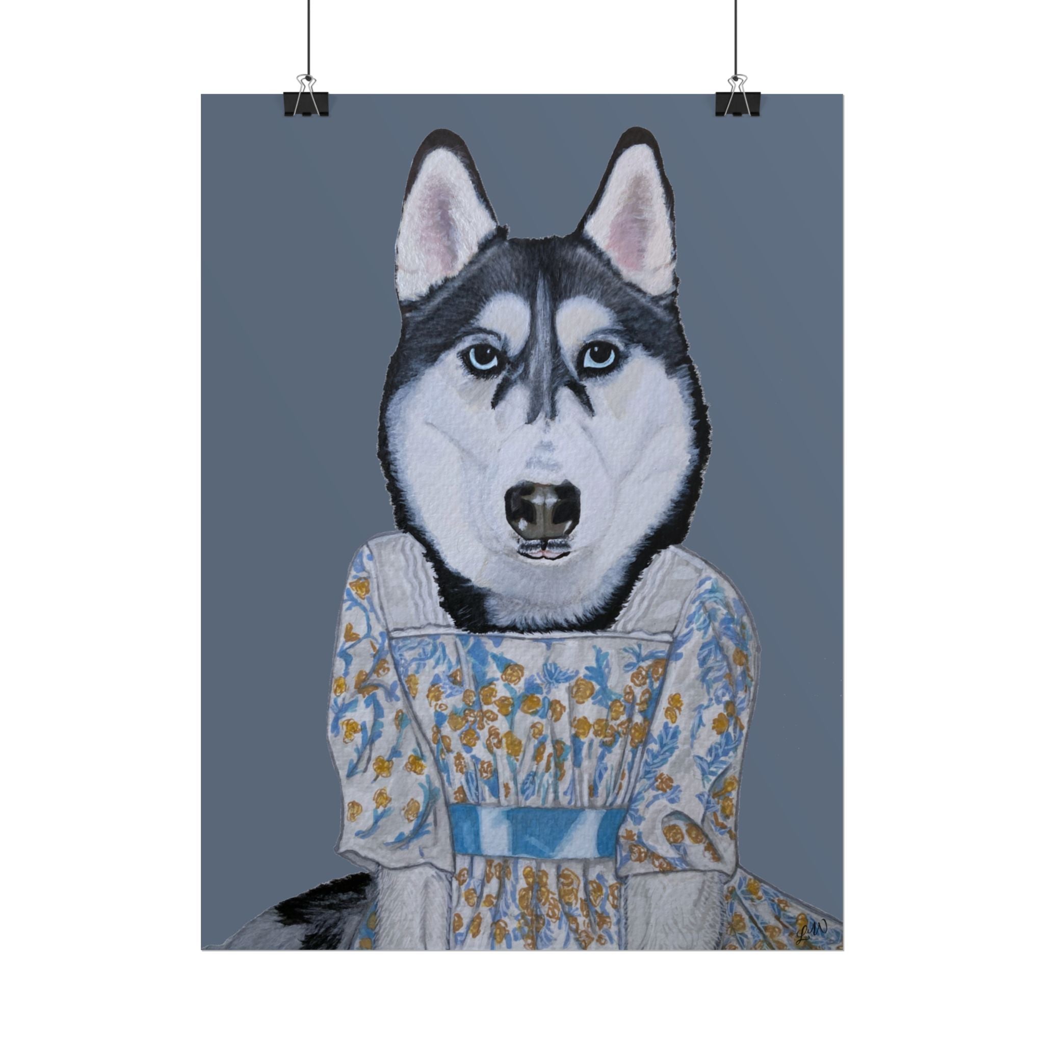 Funny Husky Wearing Jane Austen Style Regency Era-Inspired Dress Wall Poster - Dark Gray Background