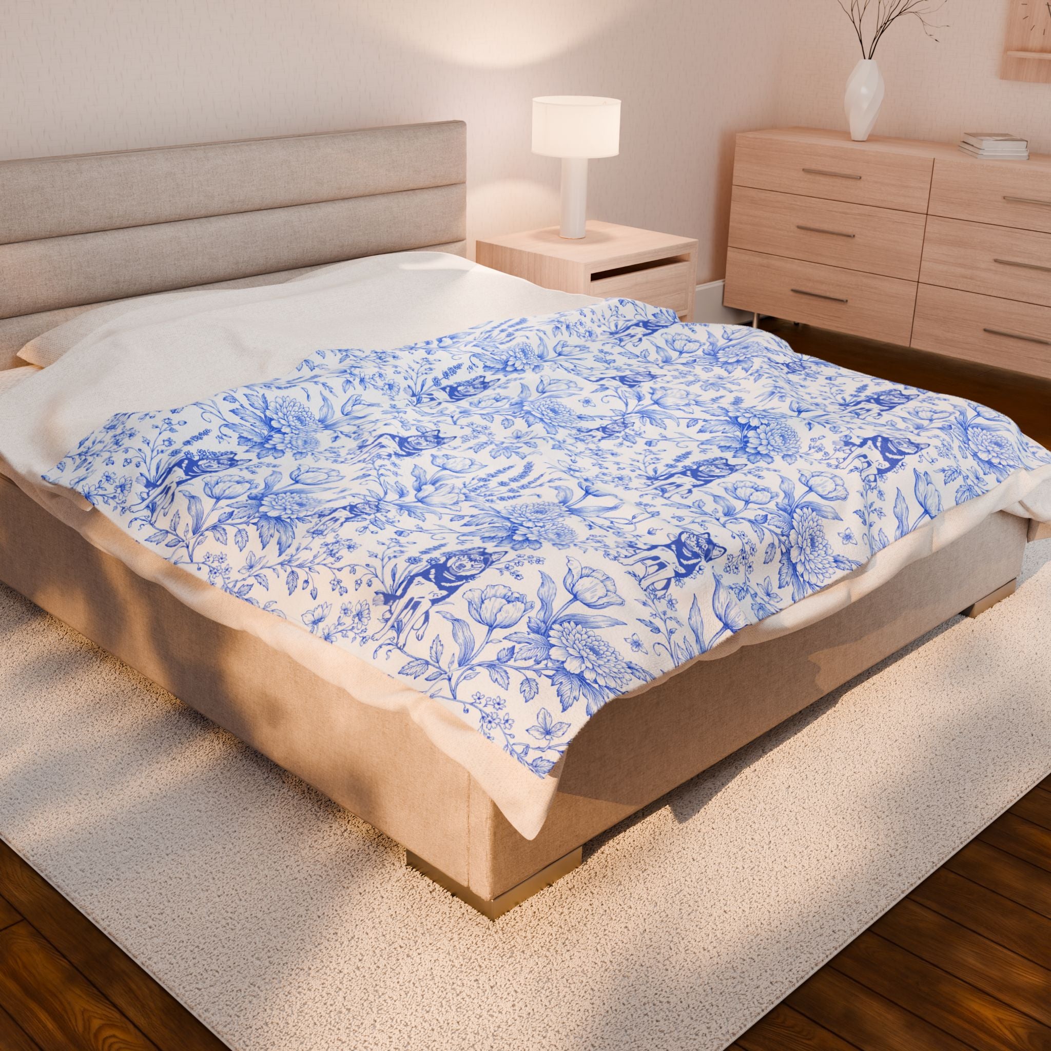 Blue Floral Husky Velveteen Plush Blanket | French Toile Dog Pattern