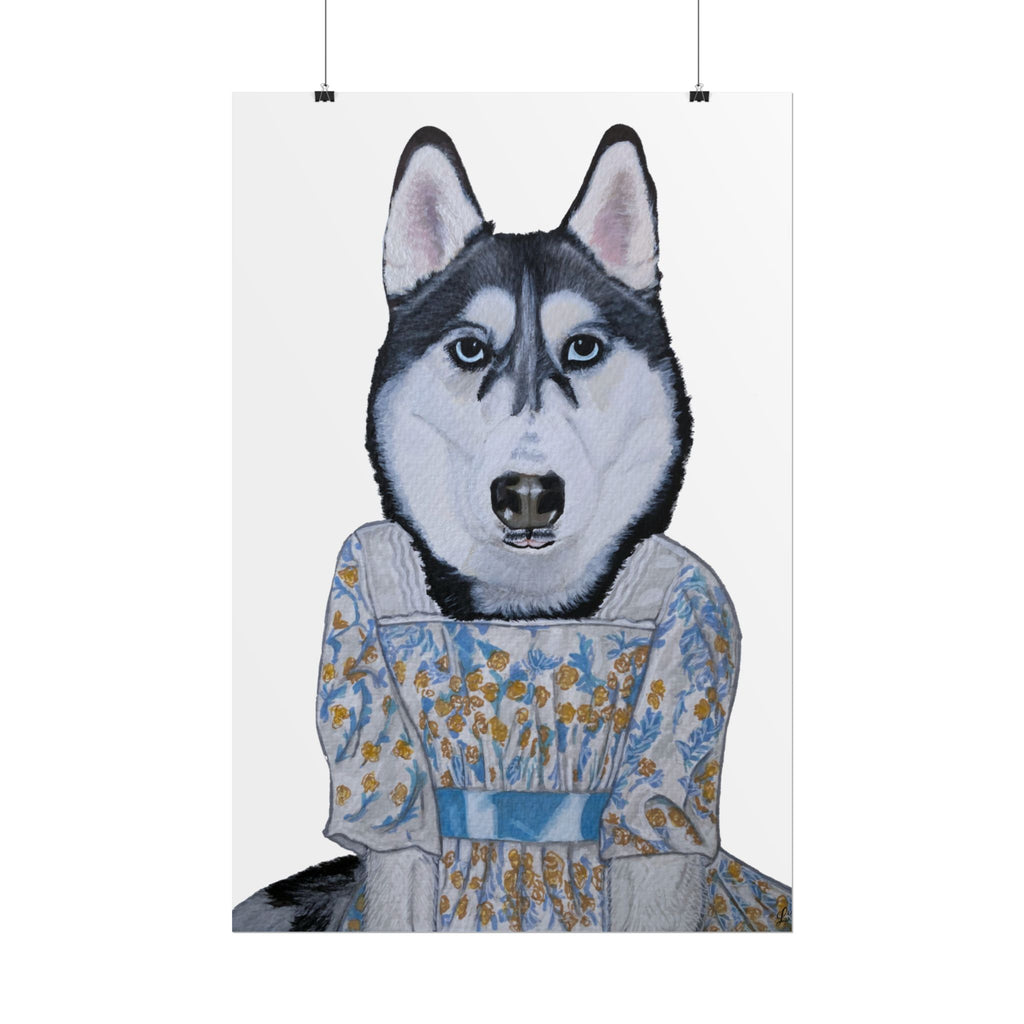 Funny Husky Wearing Jane Austen Style Regency Era-Inspired Dress Wall Poster - White Background