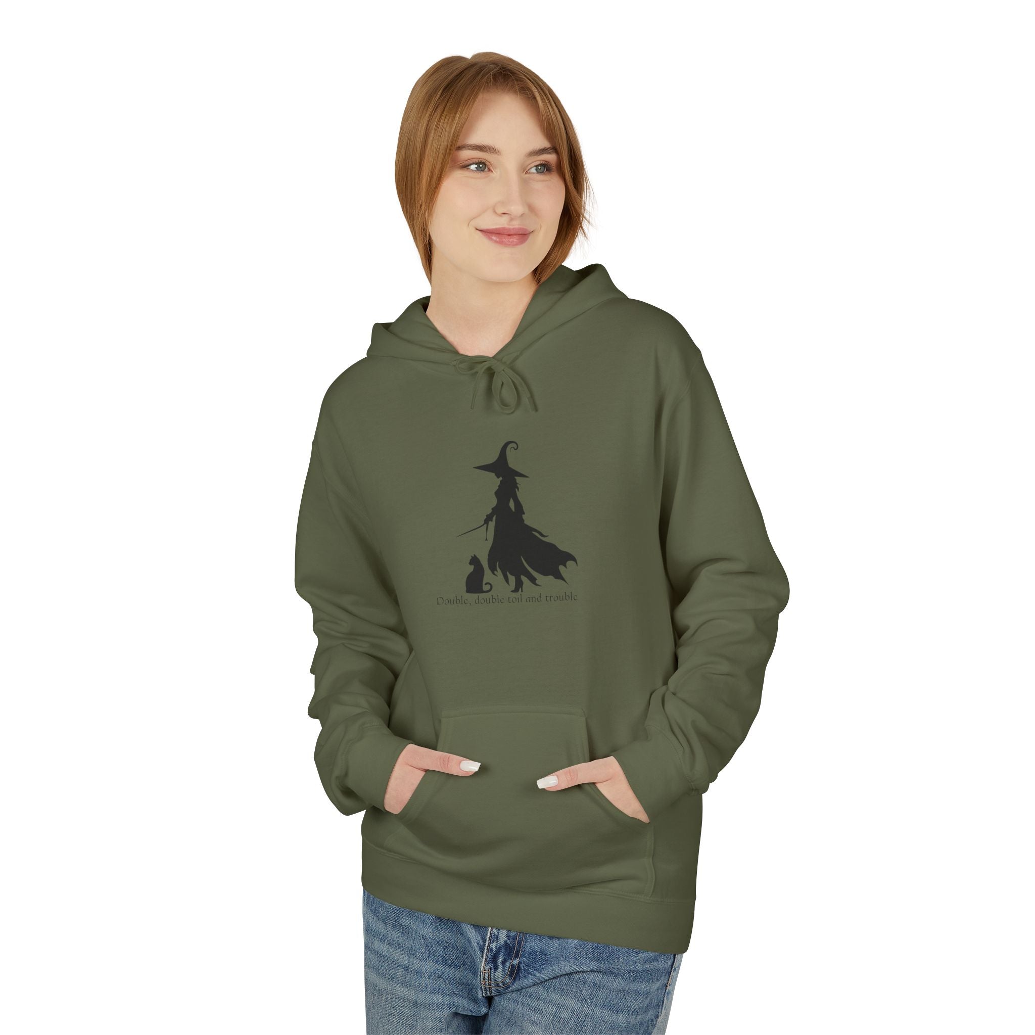 Witchy Cat Fleece Hoodie, Cozy Unisex Sweater, Perfect for Halloween, Casual Wear, Gift for Cat Lovers, Spooky Season Apparel