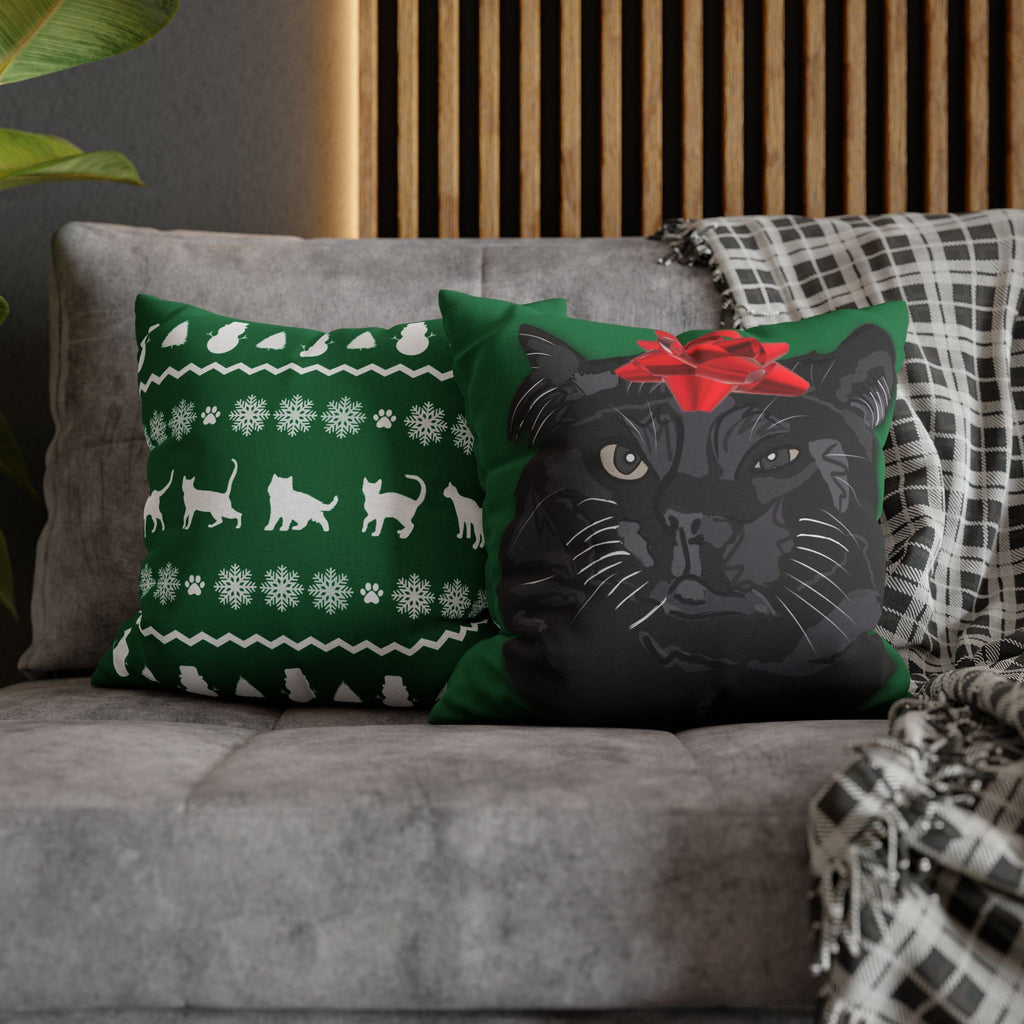 Black Cat with Red Bow Pillowcase - Green Background | Spun Polyester Square Pillowcase