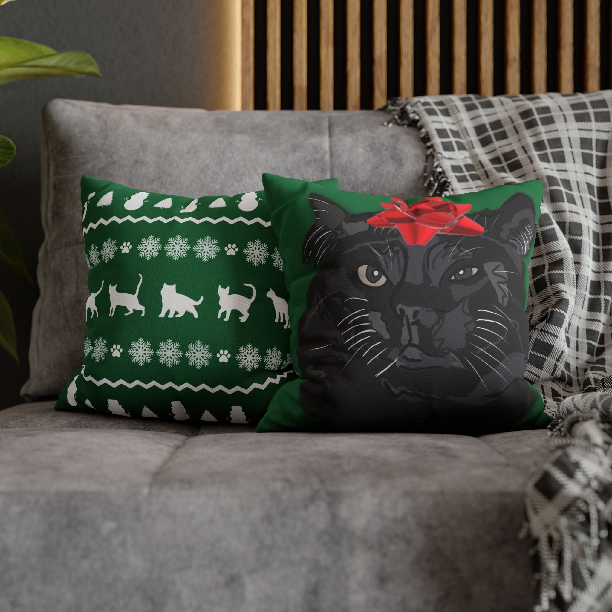 Black Cat with Red Bow Pillowcase - Green Background | Spun Polyester Square Pillowcase