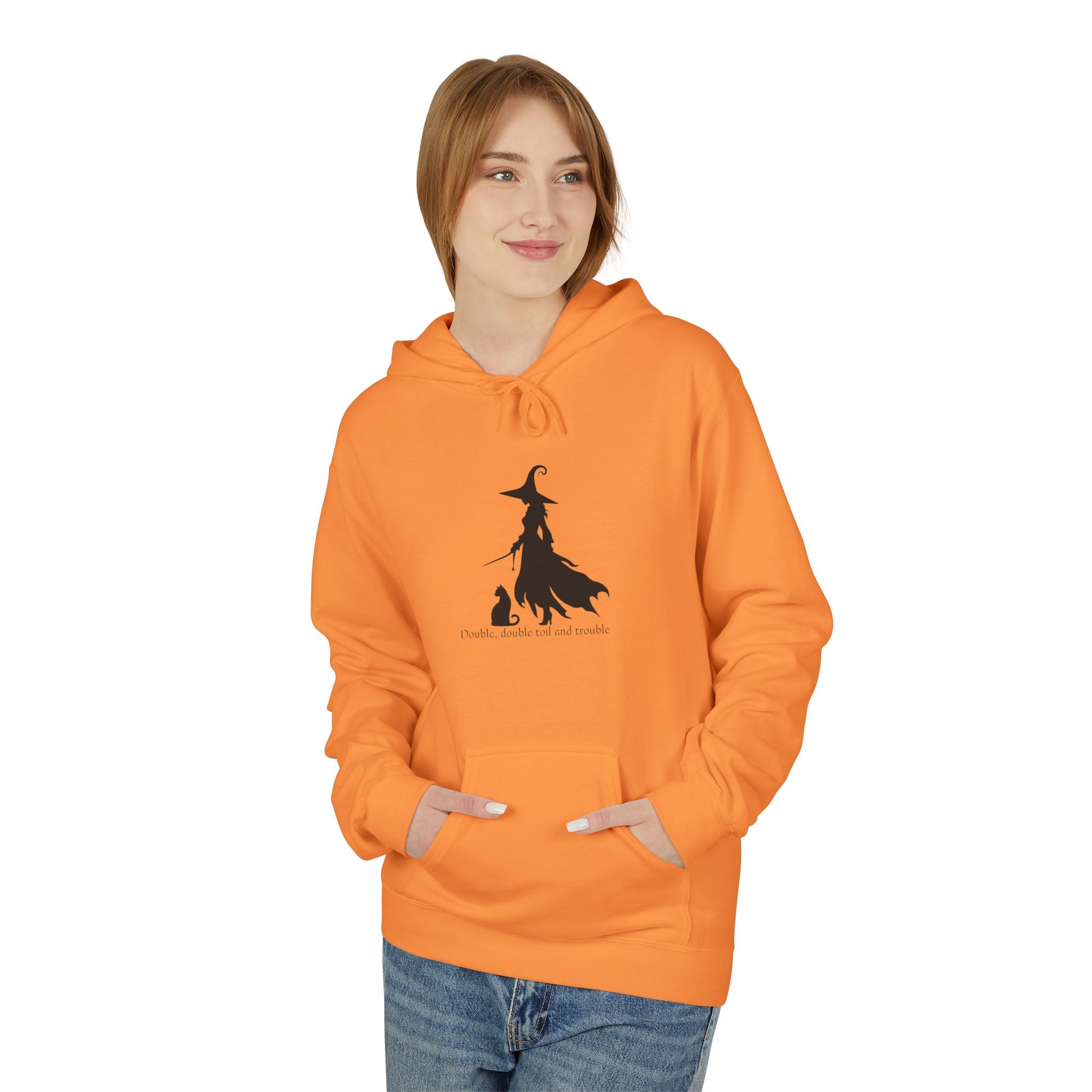 Witchy Cat Fleece Hoodie, Cozy Unisex Sweater, Perfect for Halloween, Casual Wear, Gift for Cat Lovers, Spooky Season Apparel
