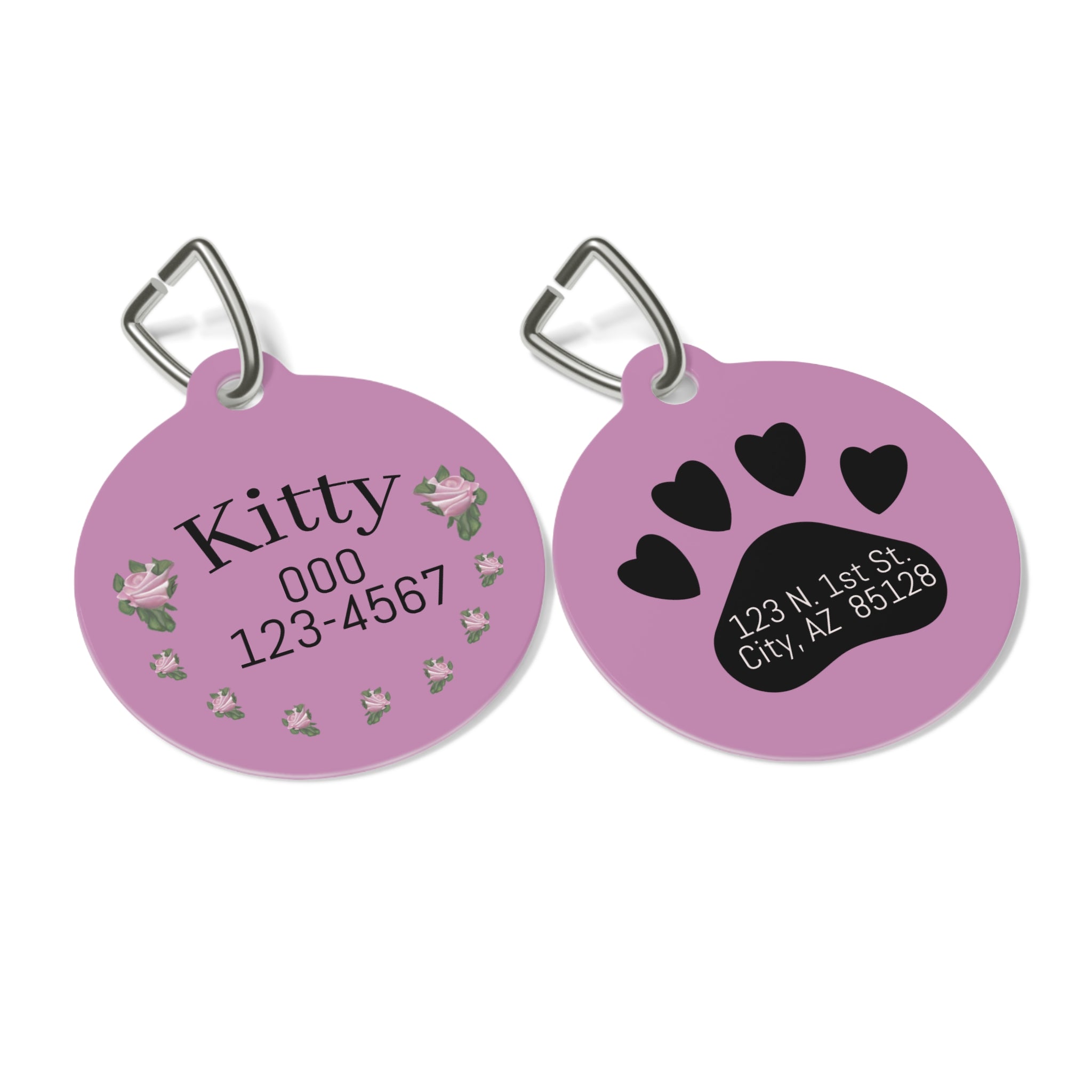 Pet Tag — Personalized Pink Floral Cat ID Tag with Paw Address