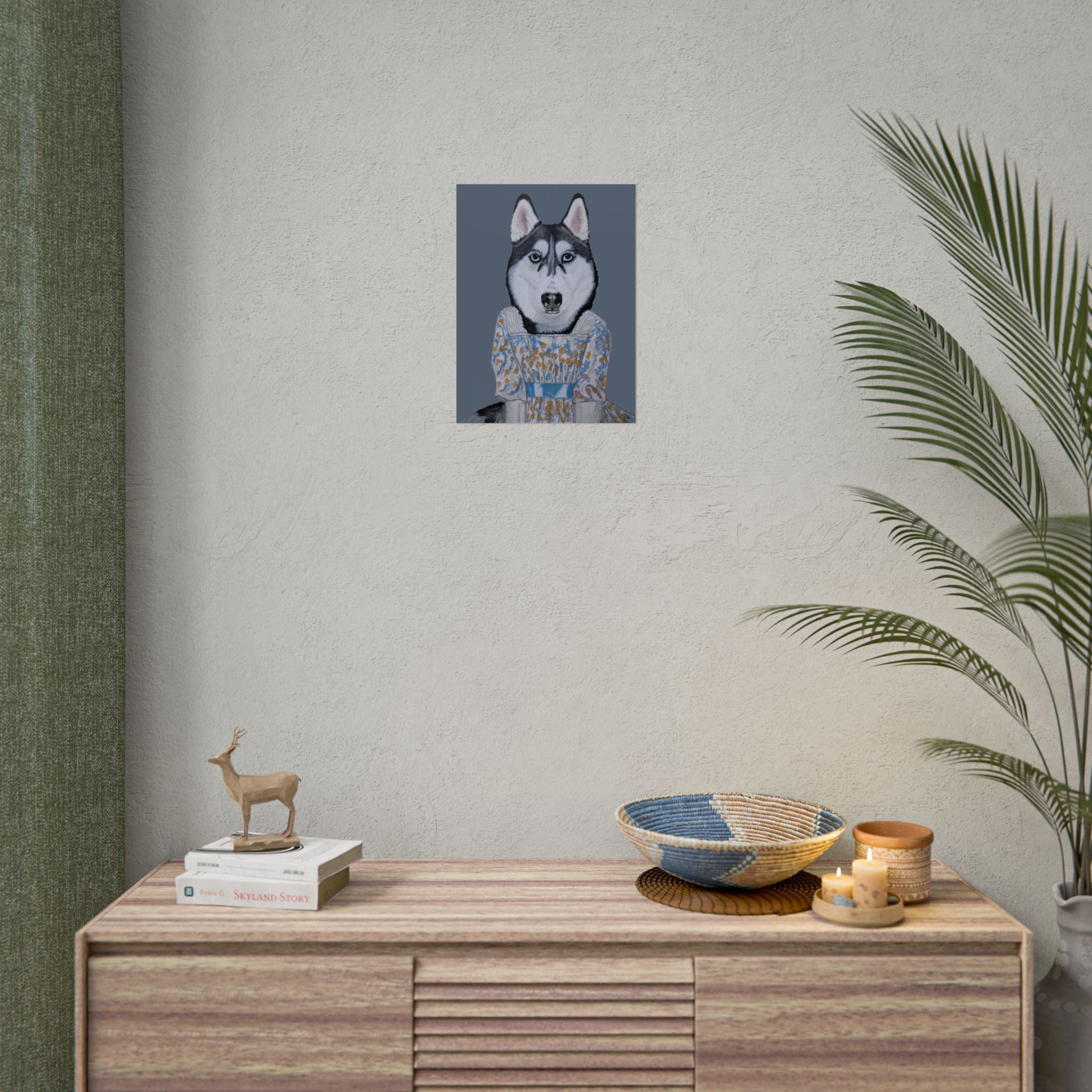 Funny Husky Wearing Jane Austen Style Regency Era-Inspired Dress Wall Poster - Dark Gray Background