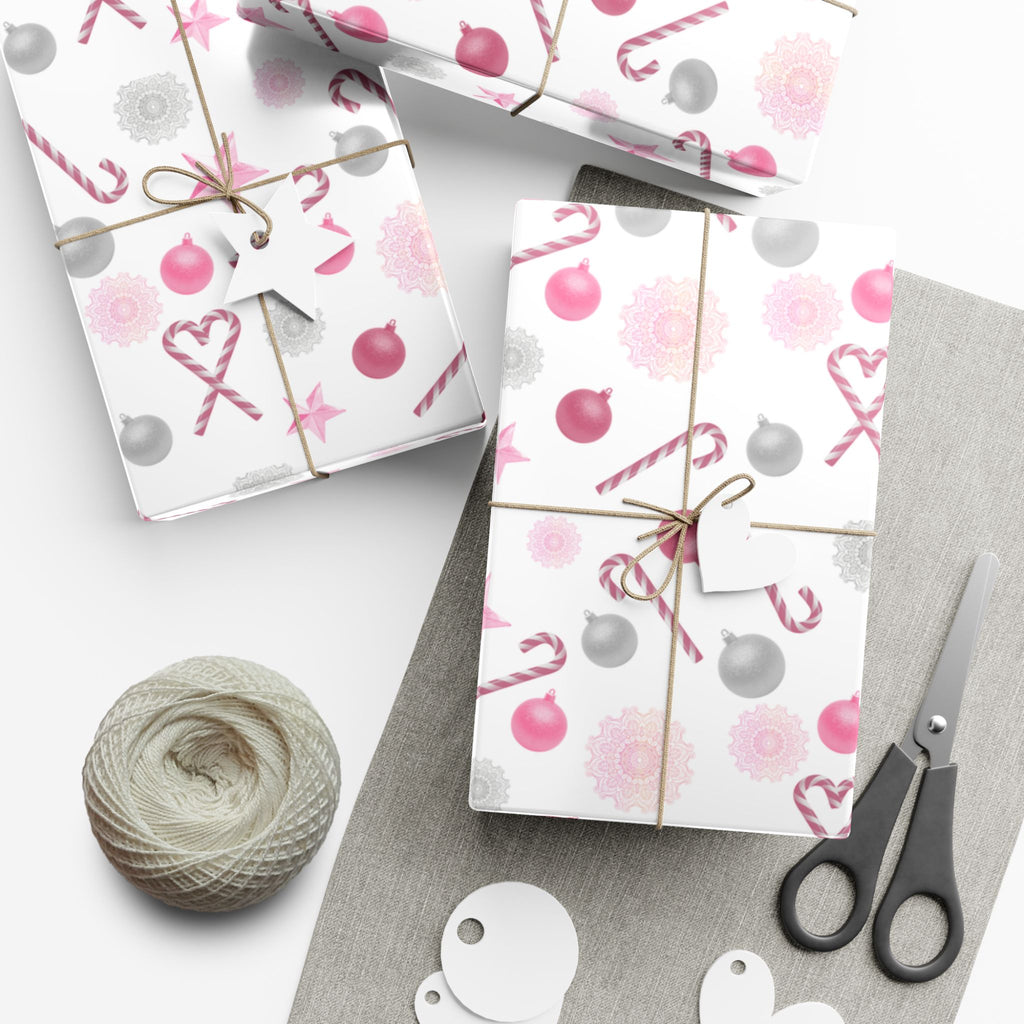 Shimmery White and Pink Christmas Wrapping Paper in Satin or Matte